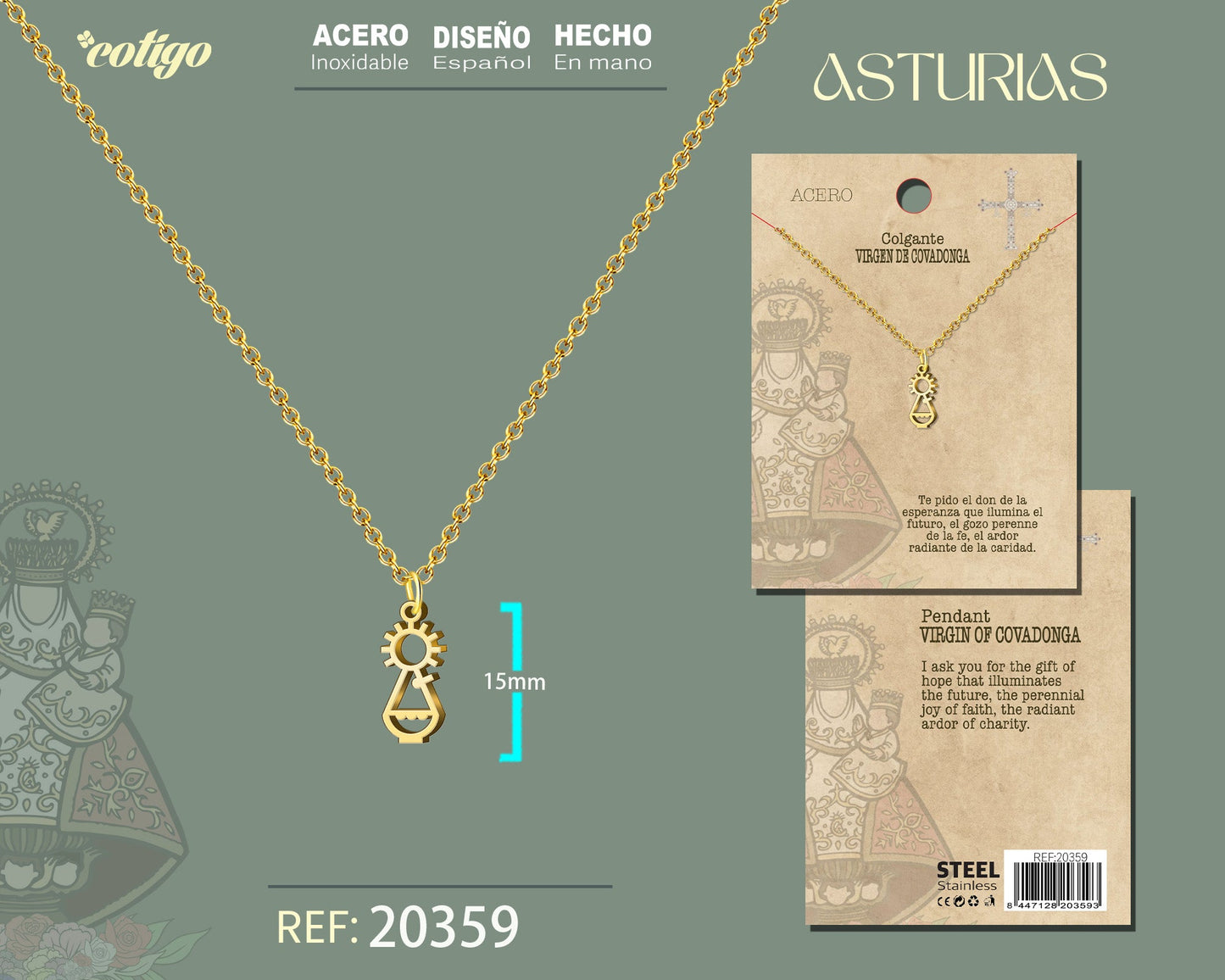 Colgante Virgen Covadonga Acero Dorado