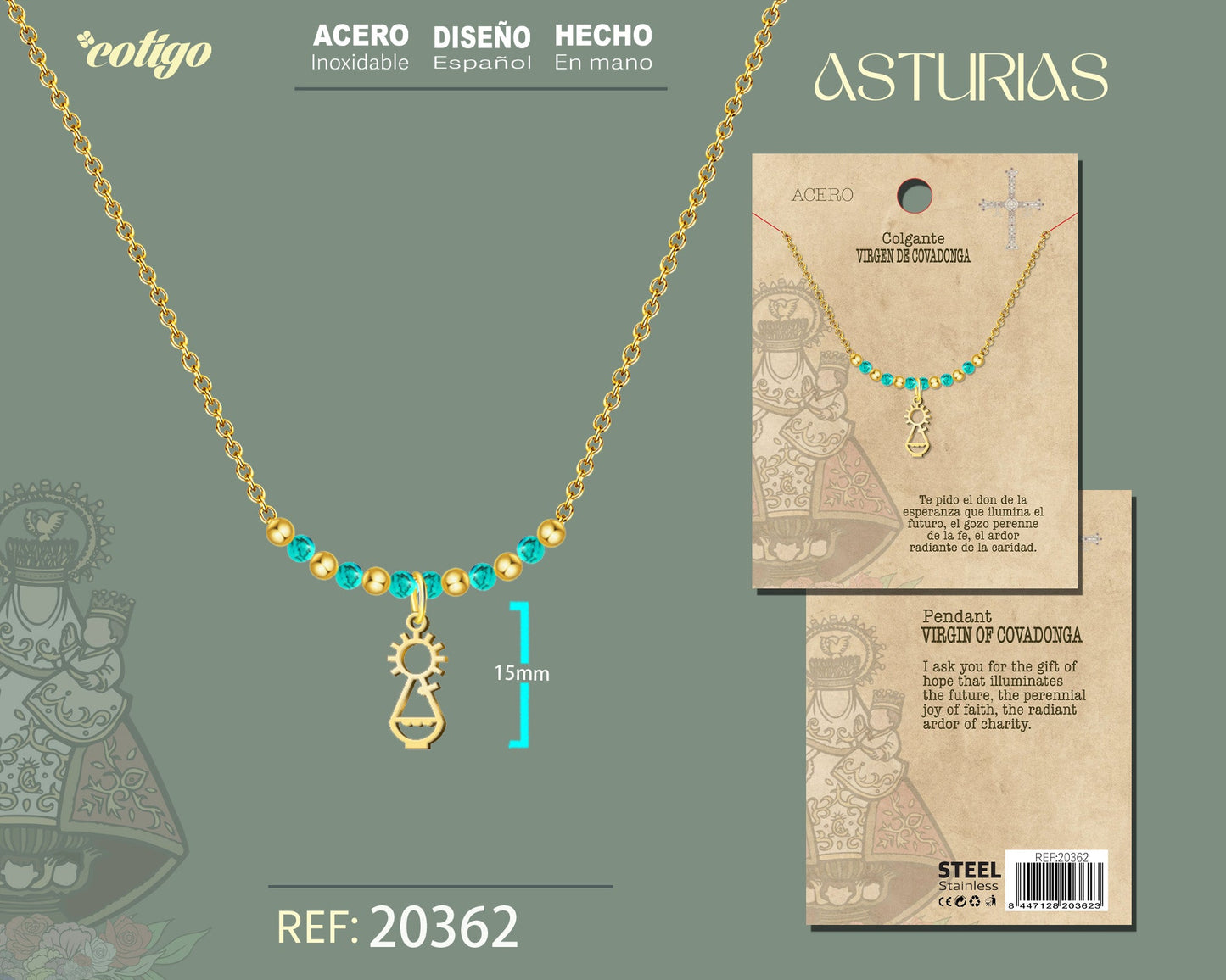 Colgante Virgen Covadonga Acero Dorado