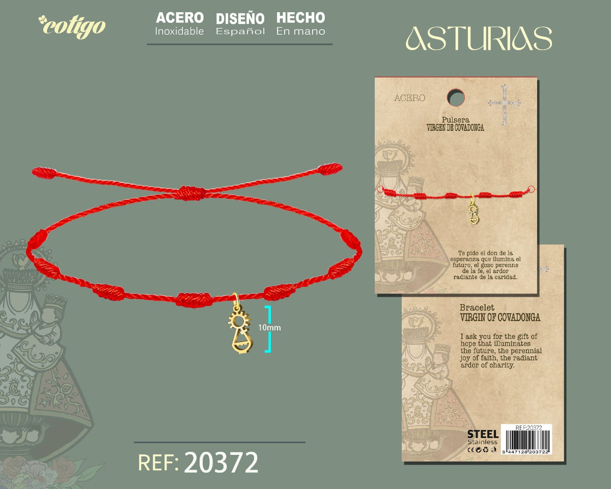 Pulsera roja de 7 nudos con charm silueta de la Virgen de Covadonga La Santina en acero dorado amuleto de protección contra mal de ojo