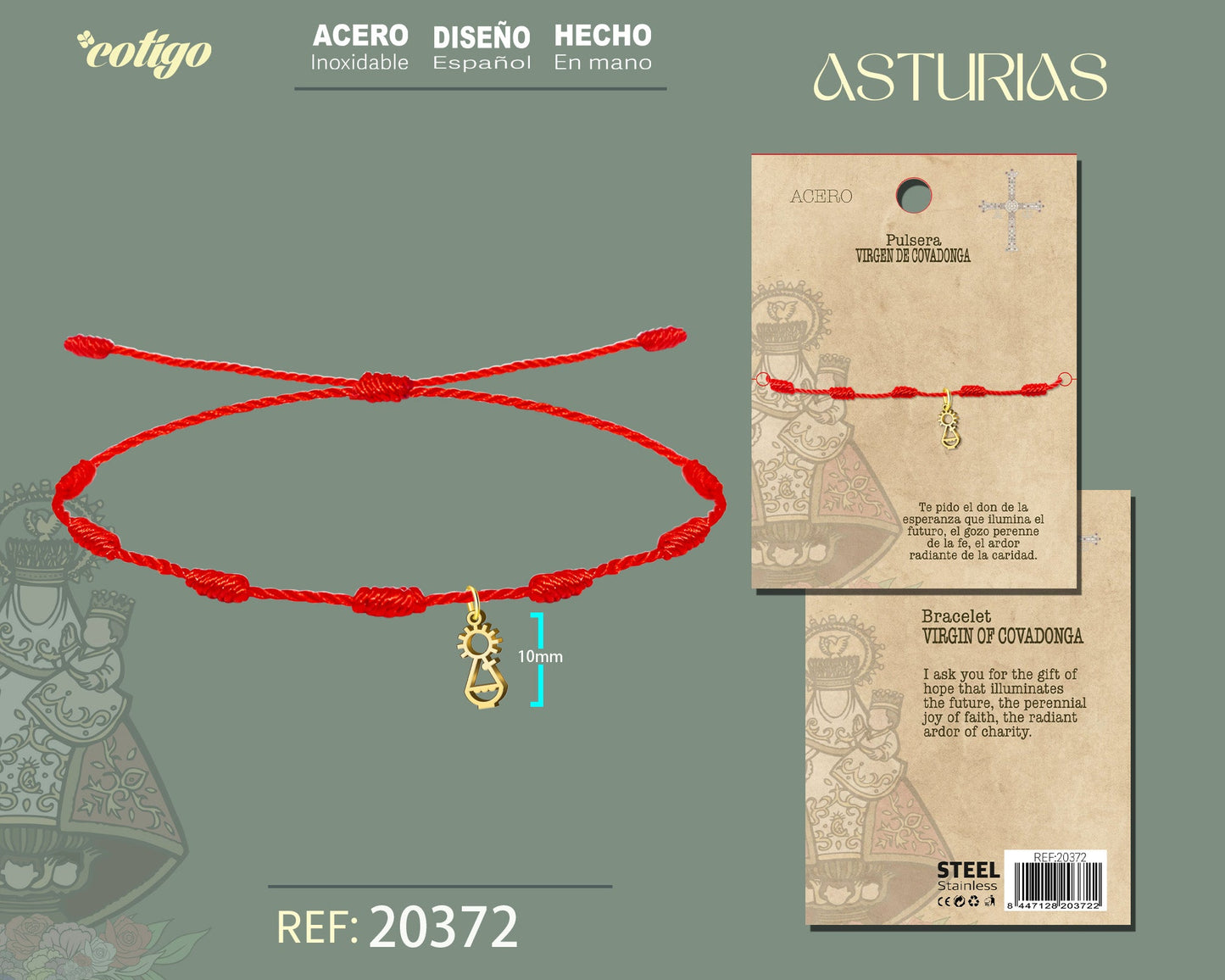 Pulsera 7 nudos con Virgen Covadonga Acero Dorado
