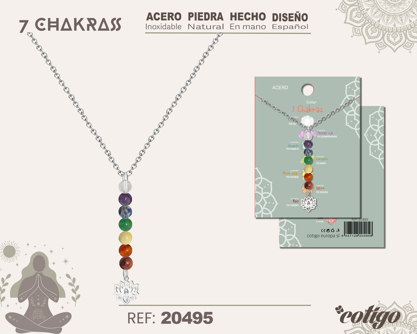 Collar 7 Chakras con piedra natural y Acero