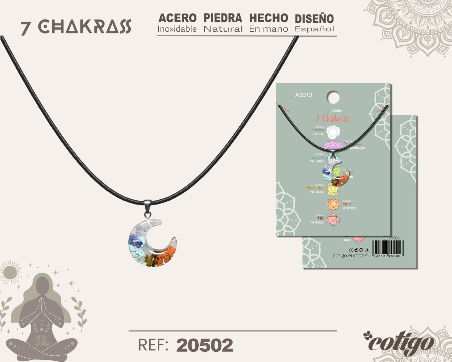 Collar 7 Chakras con piedra natural y Acero