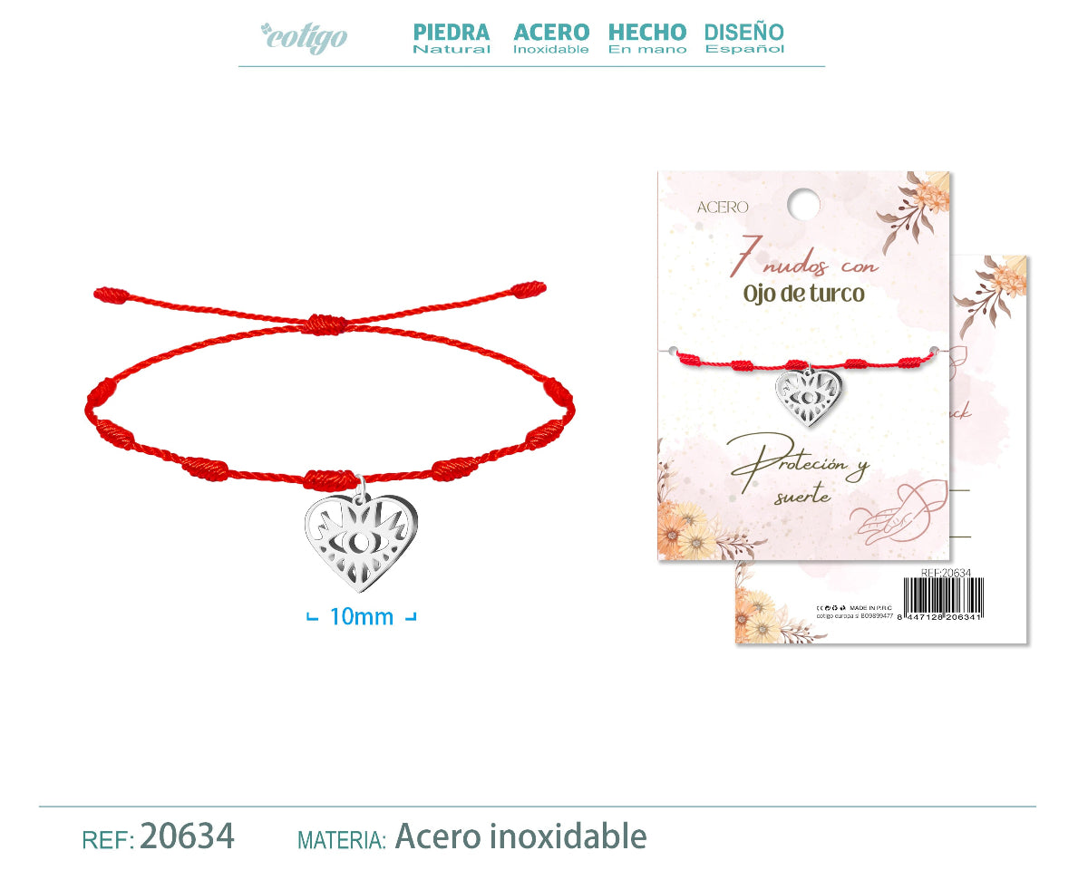 Pulsera roja de 7 nudos con colgante de corazón calado y ojo turco en acero inoxidable plateado.