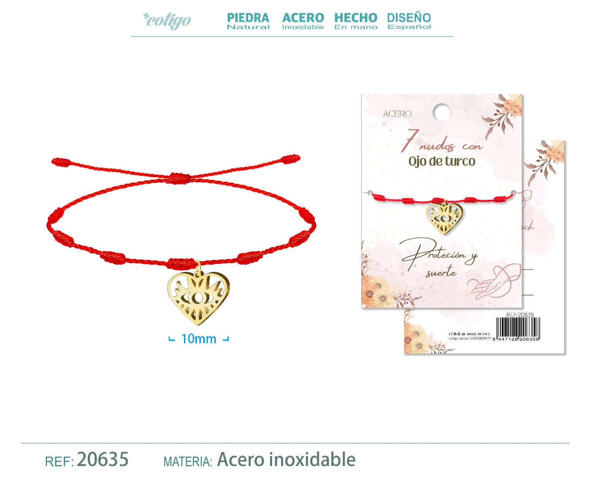 Pulsera roja de 7 nudos con colgante de corazón calado y ojo turco en acero inoxidable dorado.