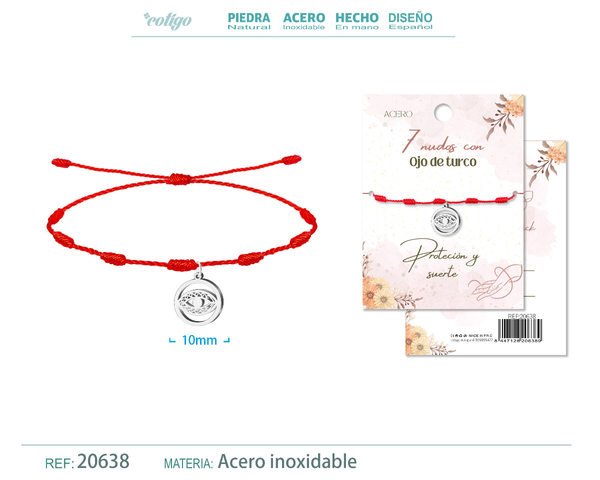 Pulsera roja de 7 nudos con colgante circular de ojo turco calado en acero inoxidable plateado y cordón ajustable.