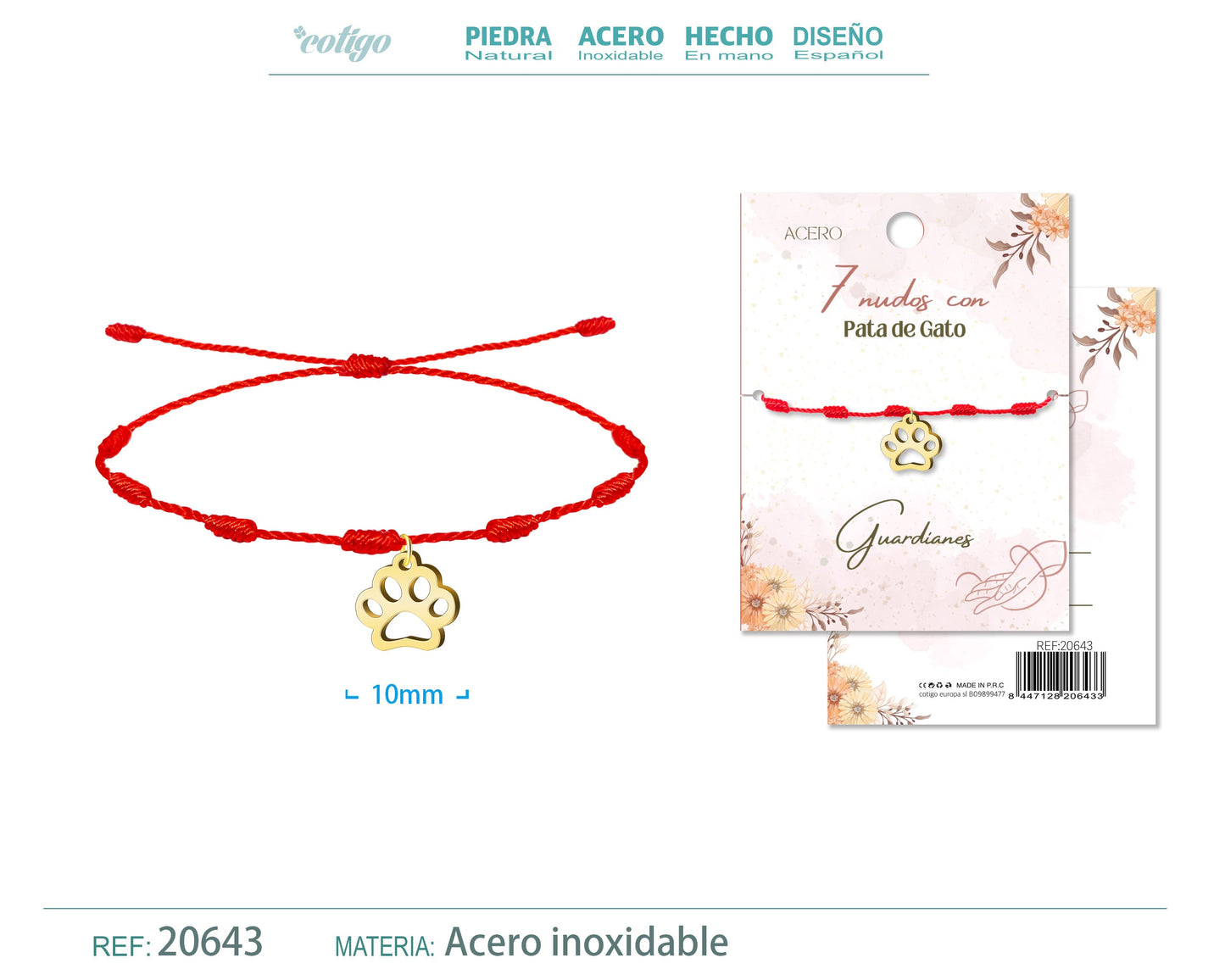 Pulsera 7 nudos con Pata de Gato color Dorado