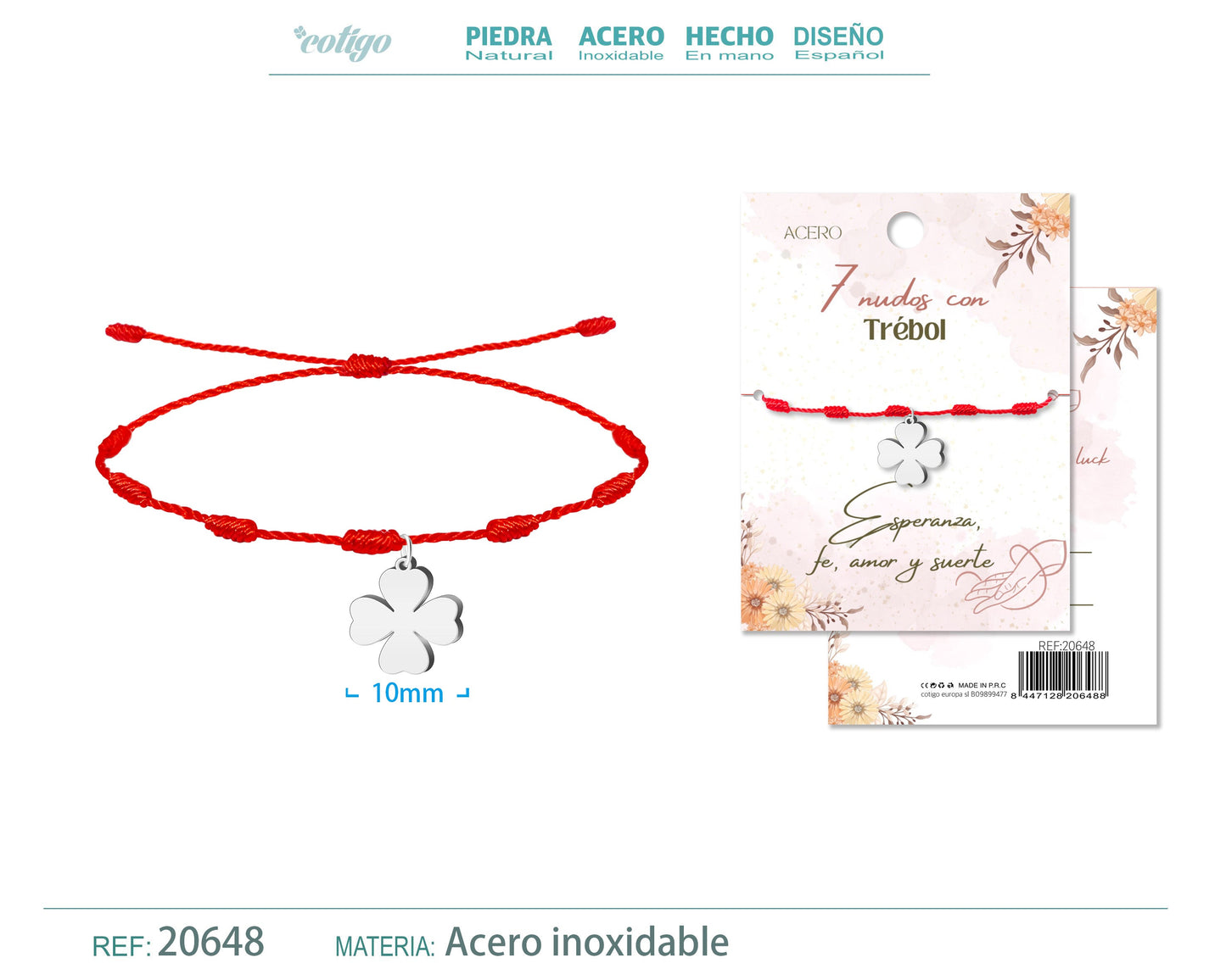 Pulsera 7 nudos con Trebol color Plateado