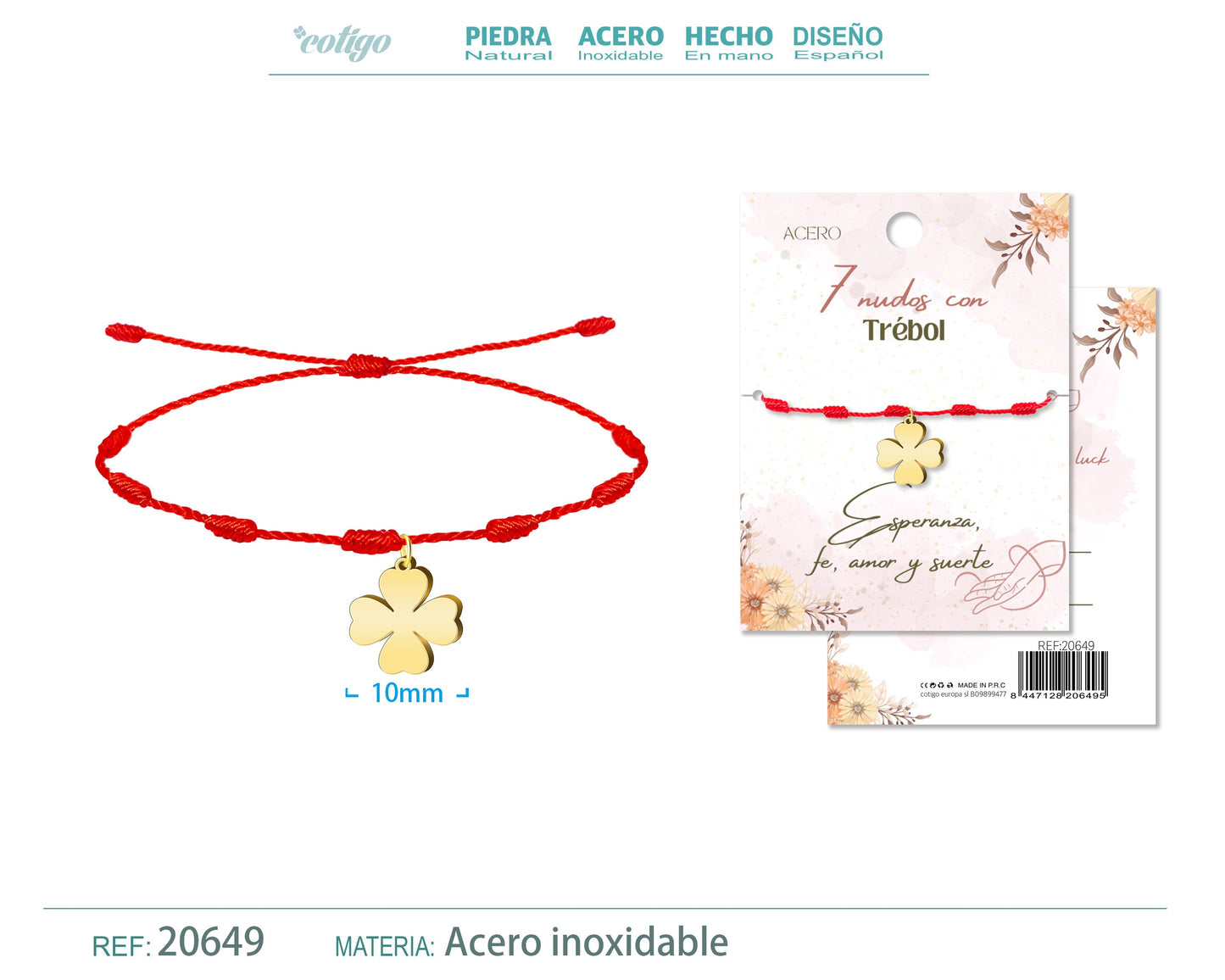Pulsera 7 nudos con Trebol color Dorado