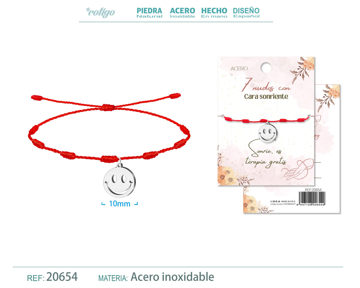 Pulsera 7 nudos con Cara sonriente color Plateado