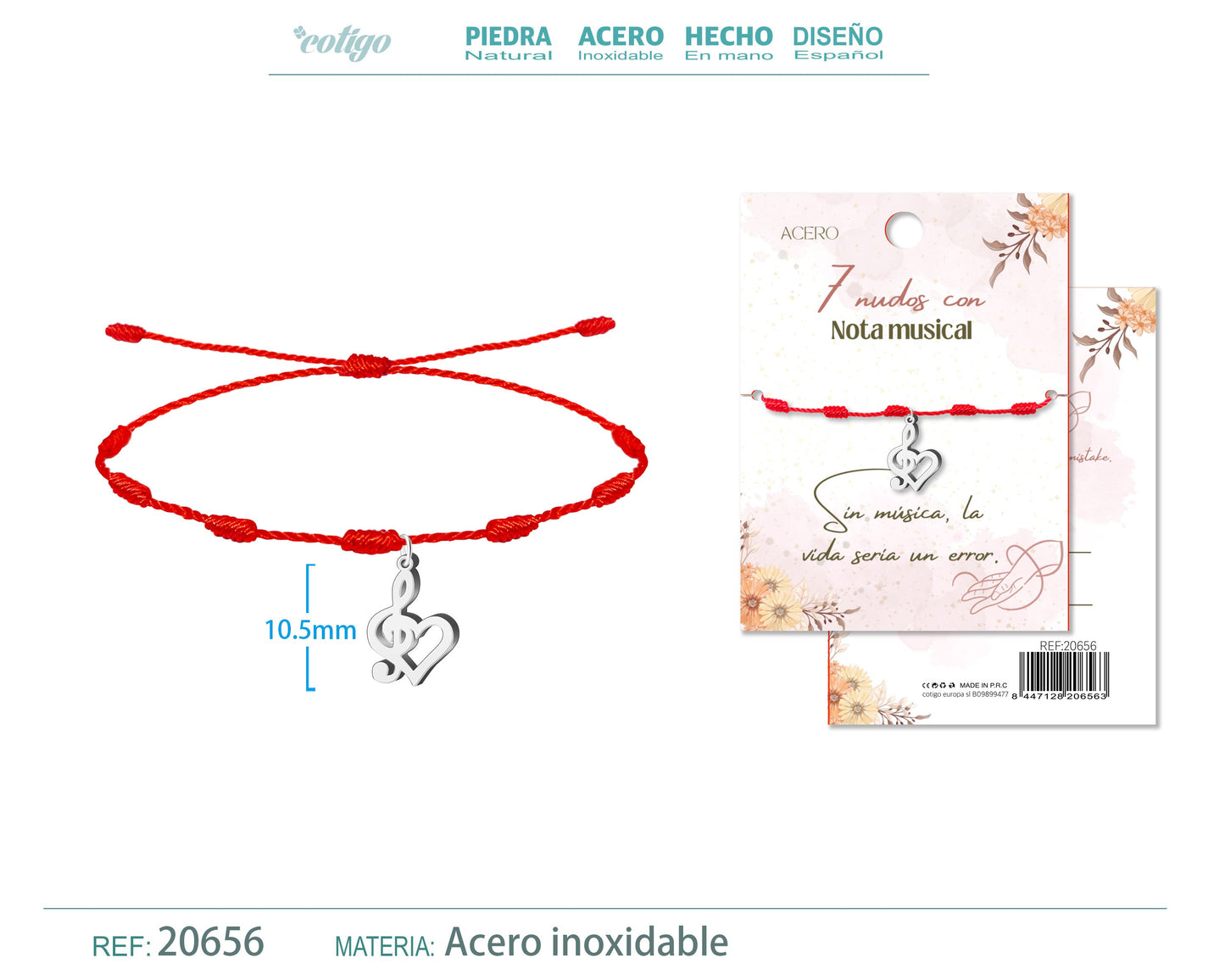 Pulsera 7 nudos con Nota musical color Plateado
