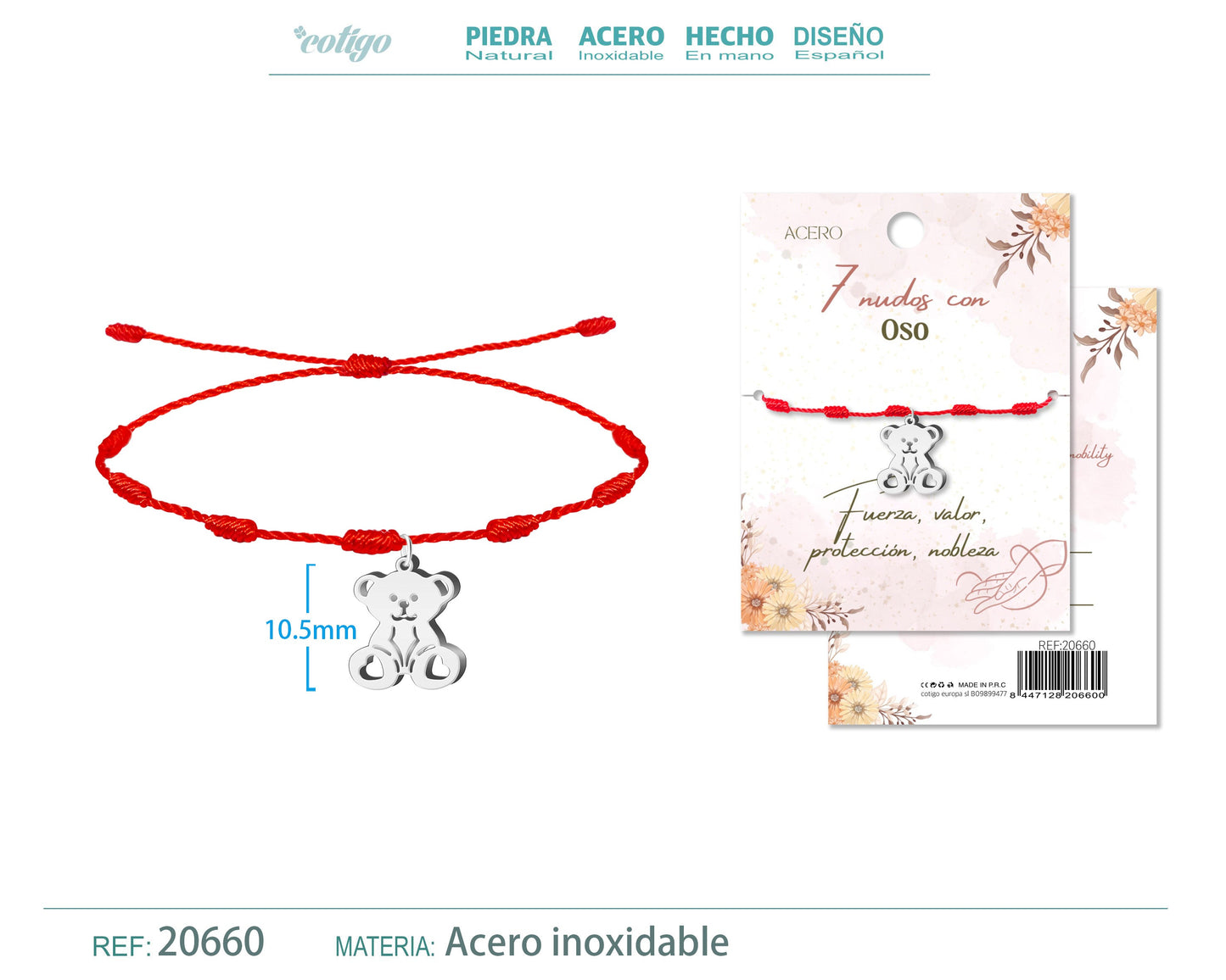 Pulsera 7 nudos con Oso color Plateado