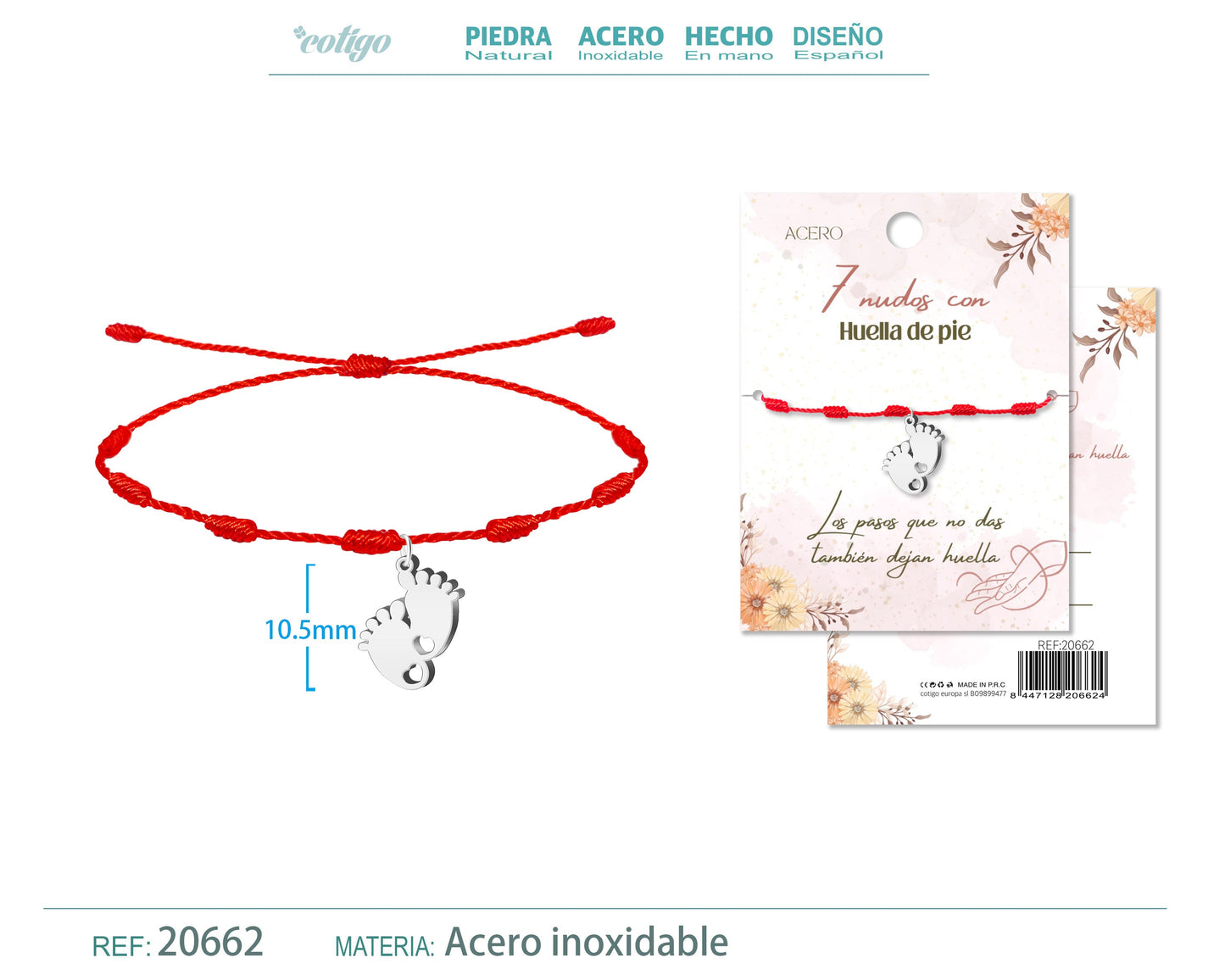 Pulsera 7 nudos con Huella de pie color Plateado