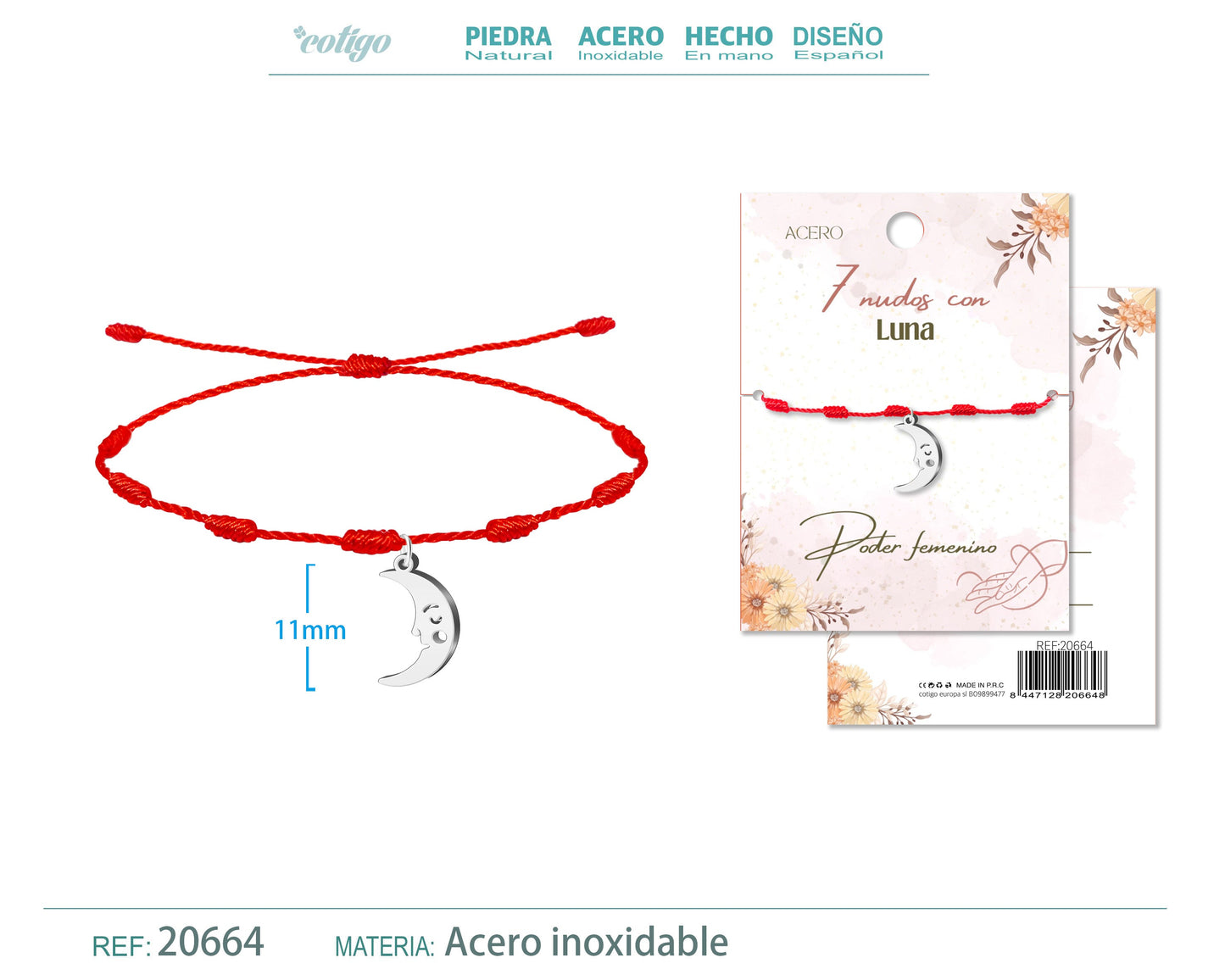 Pulsera 7 nudos con Luna color Plateado