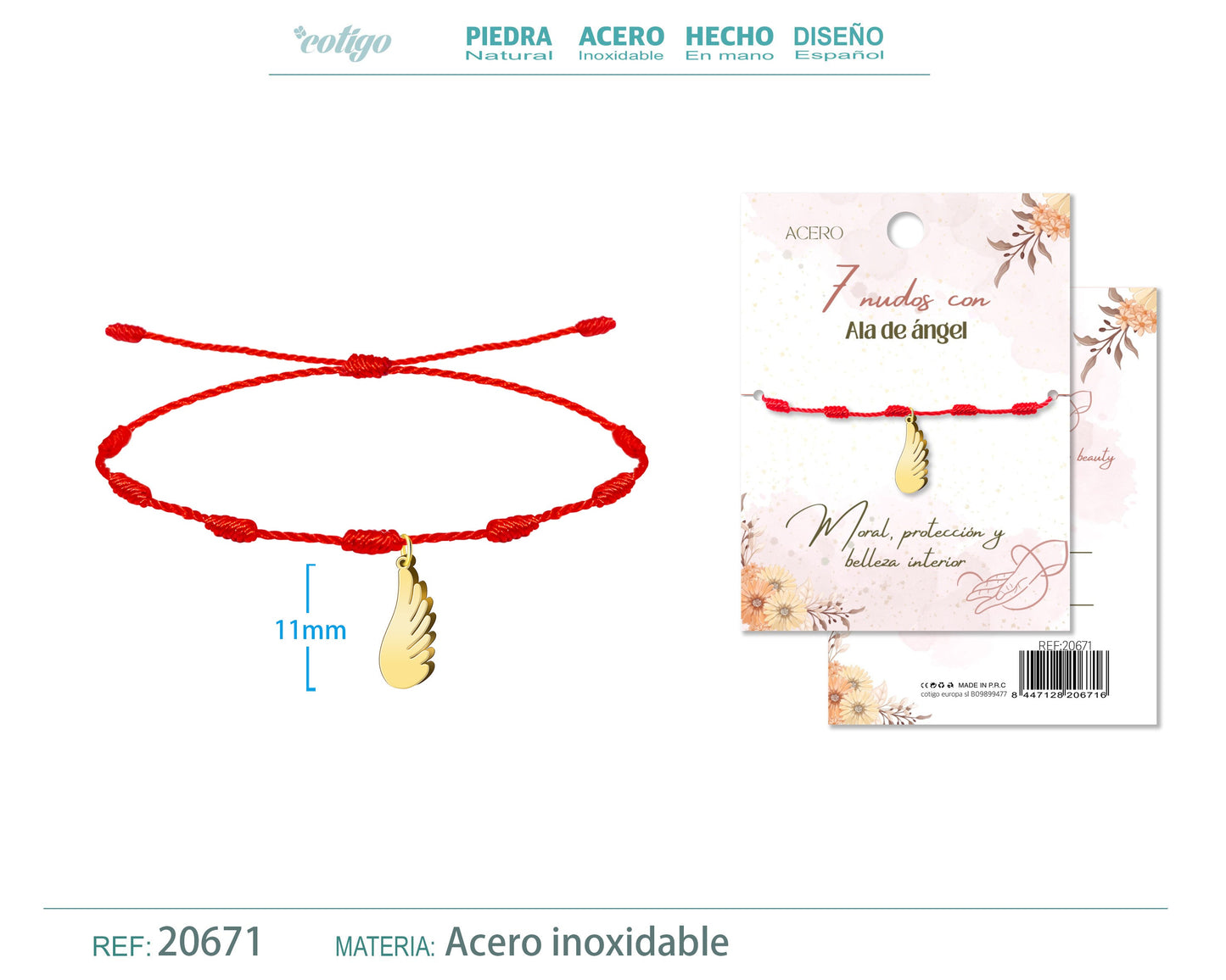 Pulsera 7 nudos con Ala de angel color Dorado