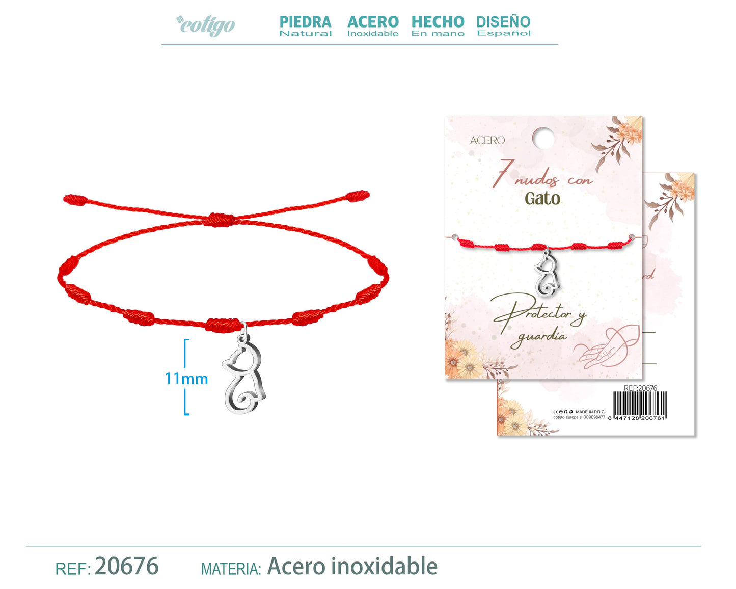 Pulsera 7 nudos con Gato color Plateado