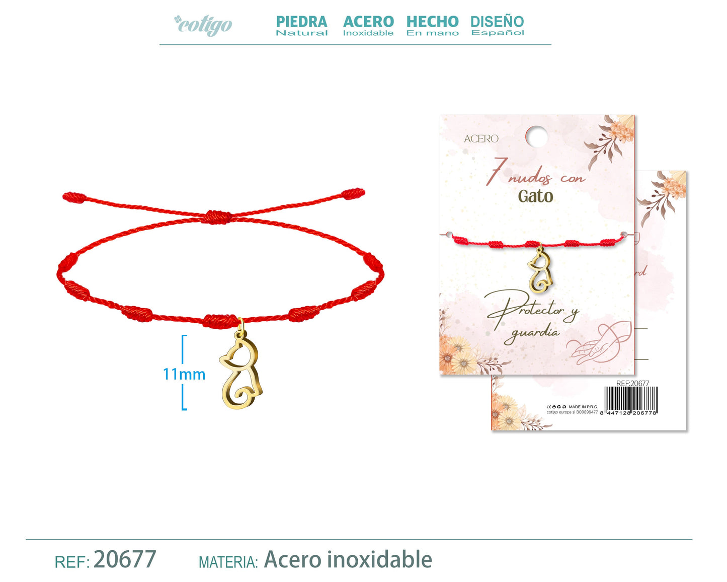 Pulsera 7 nudos con Gato color Dorado