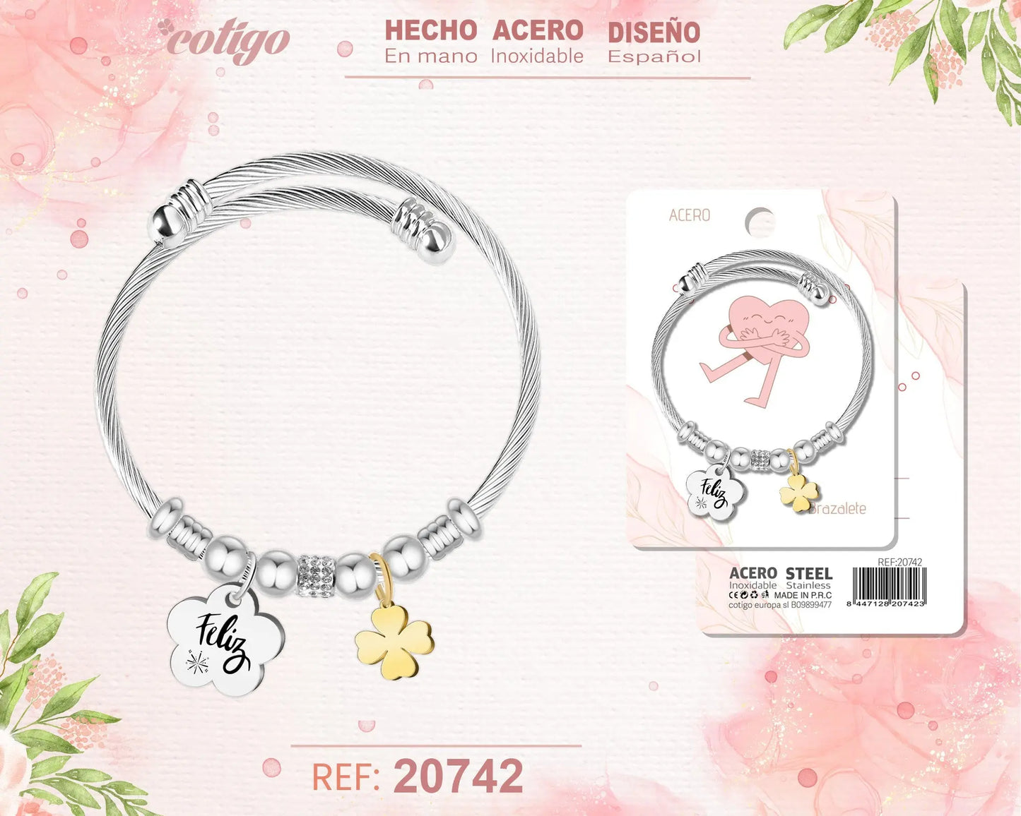 Brazalete Acero con palabra: Feliz - cotigo