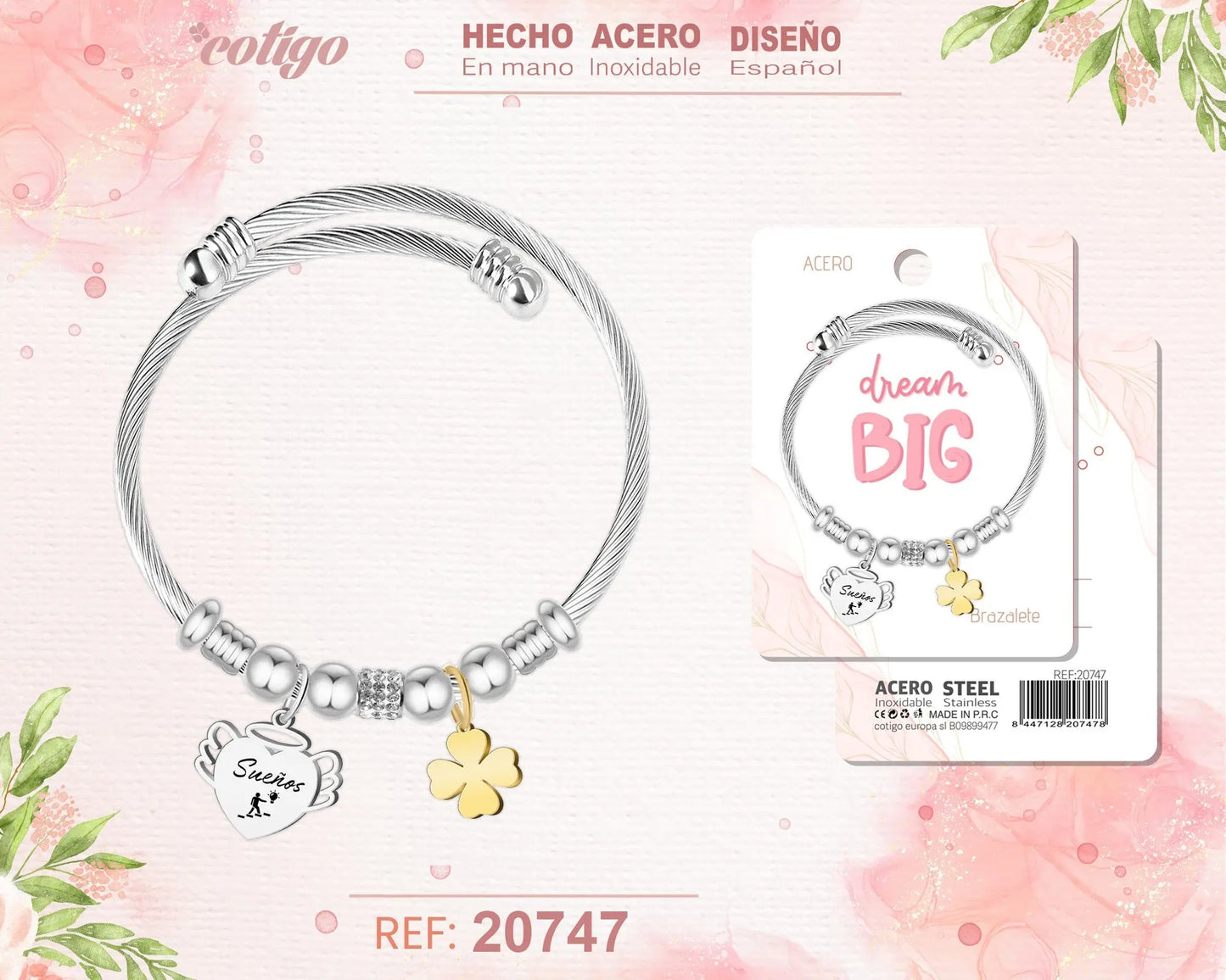 Brazalete Acero con palabra: Sue?os - cotigo
