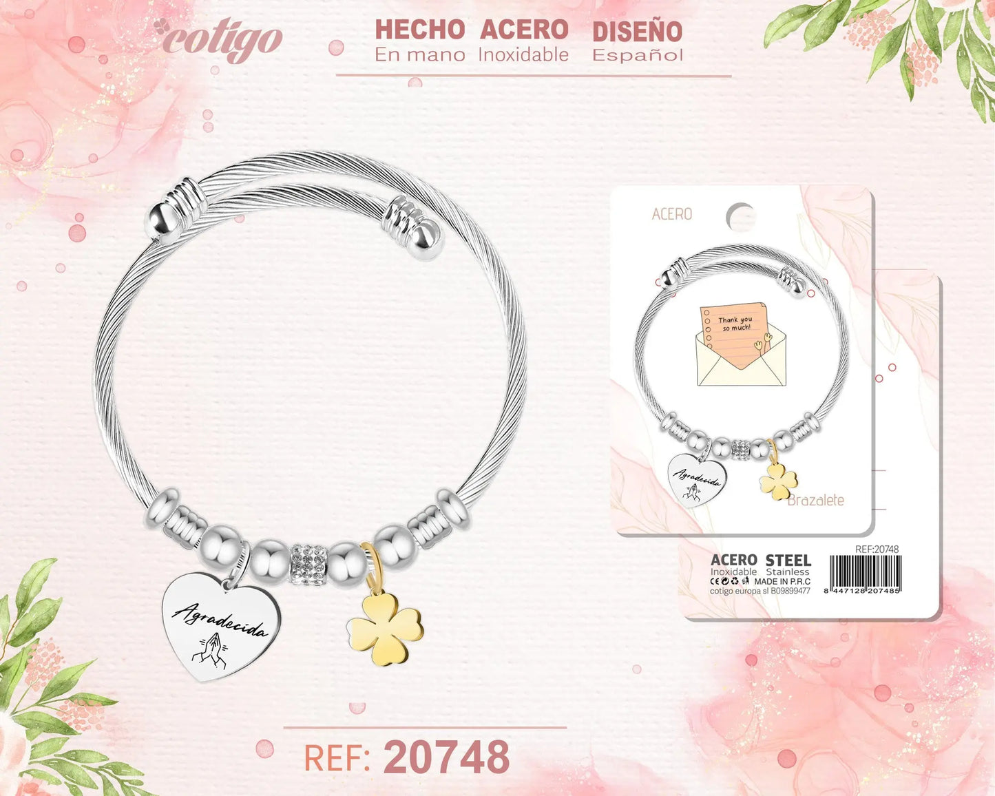 Brazalete Acero con palabra: Agradecida - cotigo