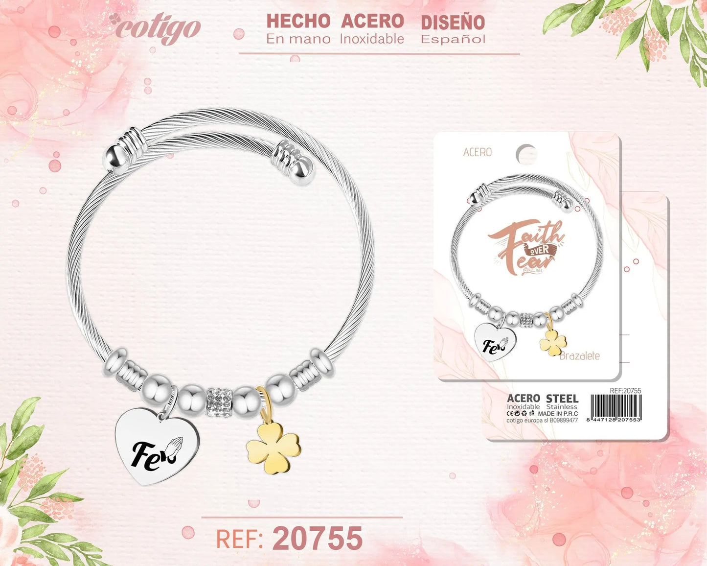 Brazalete Acero con palabra: Fe - cotigo