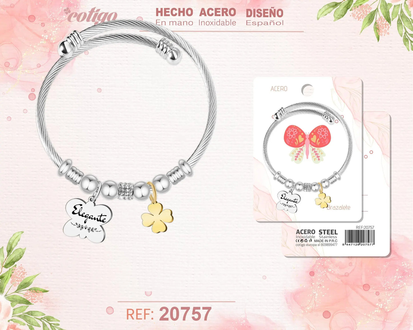 Brazalete Acero con palabra: Elegante - cotigo