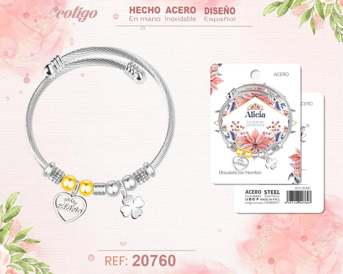 Brazalete rígido de acero inoxidable estilo cable trenzado con el nombre Alicia, colgante de corazón, trébol de la suerte y detalles brillantes.