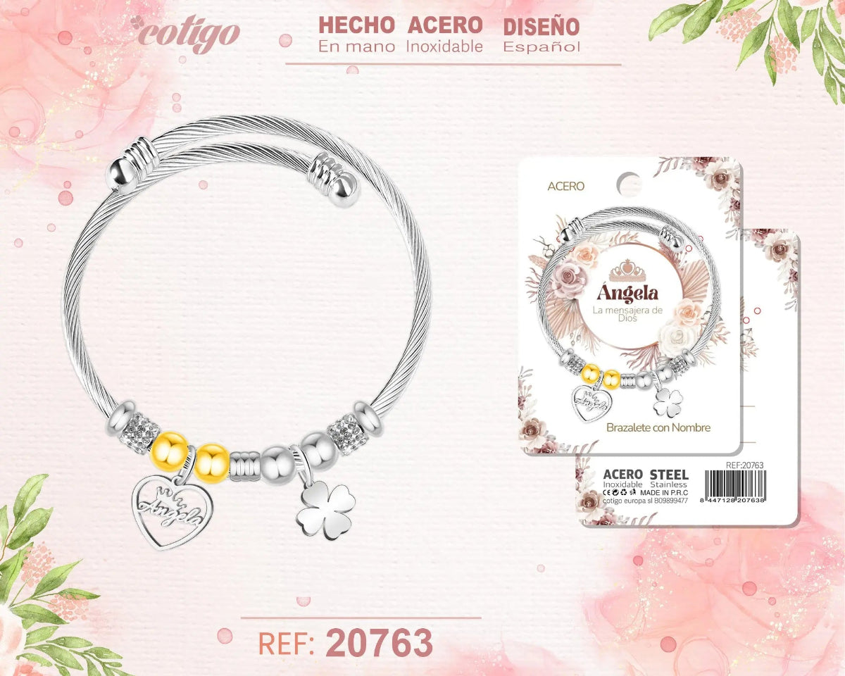 Brazalete rígido de acero inoxidable estilo cable trenzado con el nombre Ángela, colgante de corazón, trébol de la suerte y detalles brillantes.
