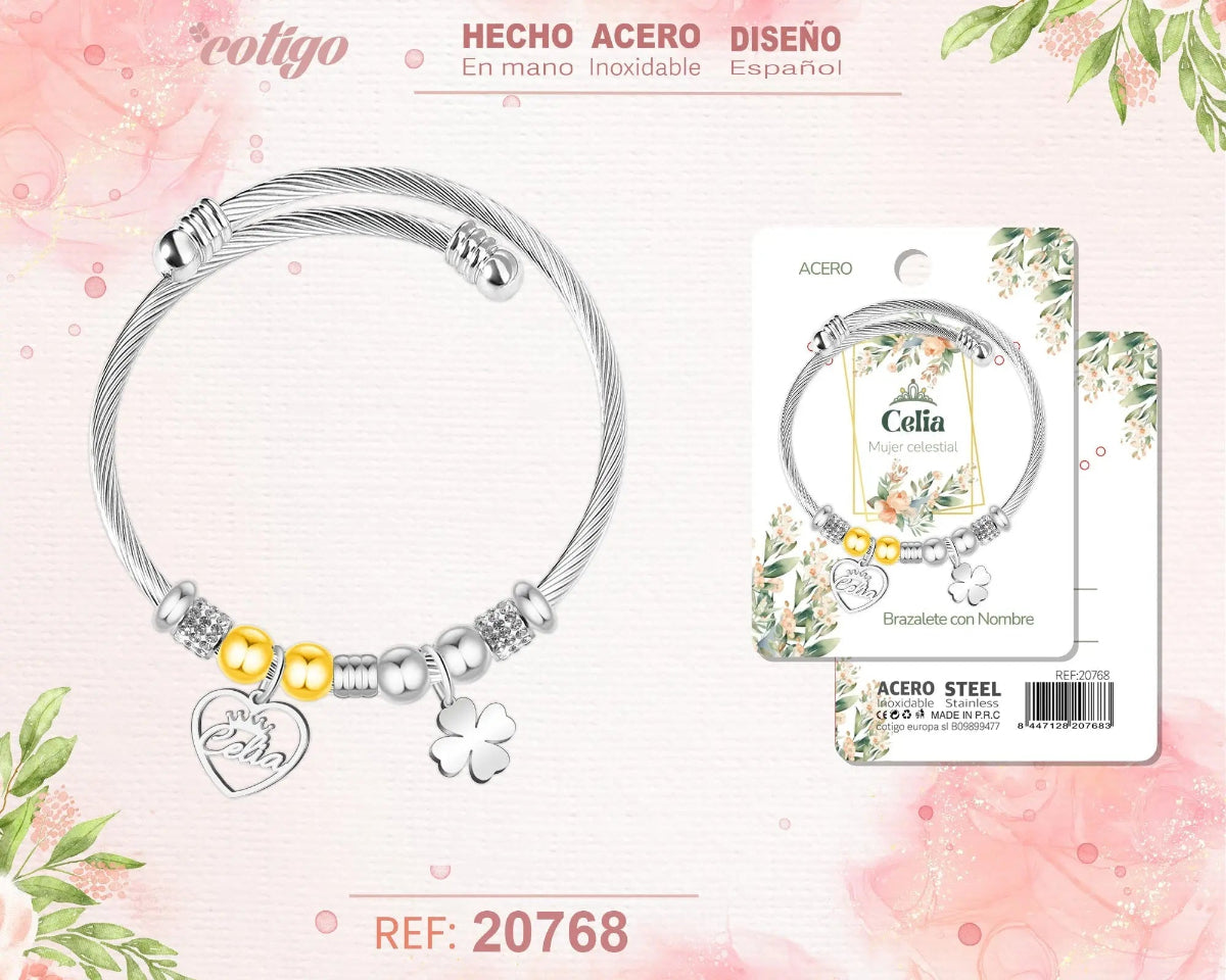 Brazalete rígido de acero inoxidable estilo cable trenzado con el nombre Celia, colgante de corazón, trébol de la suerte y detalles brillantes.