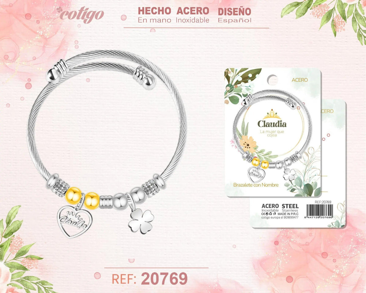 Brazalete rígido de acero inoxidable estilo cable trenzado con el nombre Claudia, colgante de corazón, trébol de la suerte y detalles brillantes.