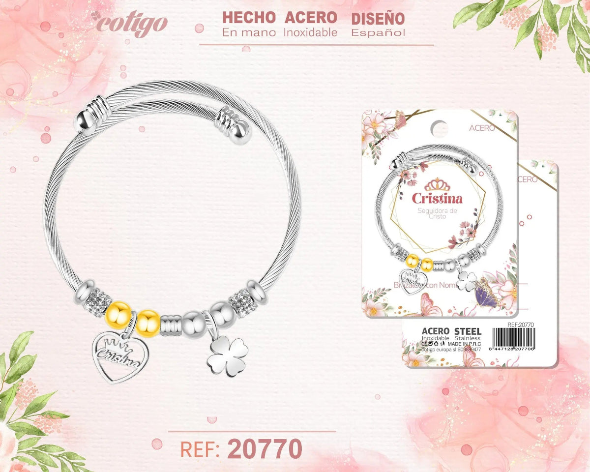 Brazalete rígido de acero inoxidable estilo cable trenzado con el nombre Cristina, colgante de corazón, trébol de la suerte y detalles brillantes.