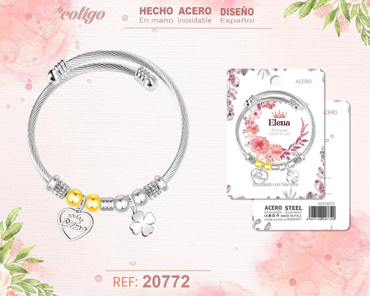 Brazalete rígido de acero inoxidable estilo cable trenzado con el nombre Elena, colgante de corazón, trébol de la suerte y detalles brillantes.