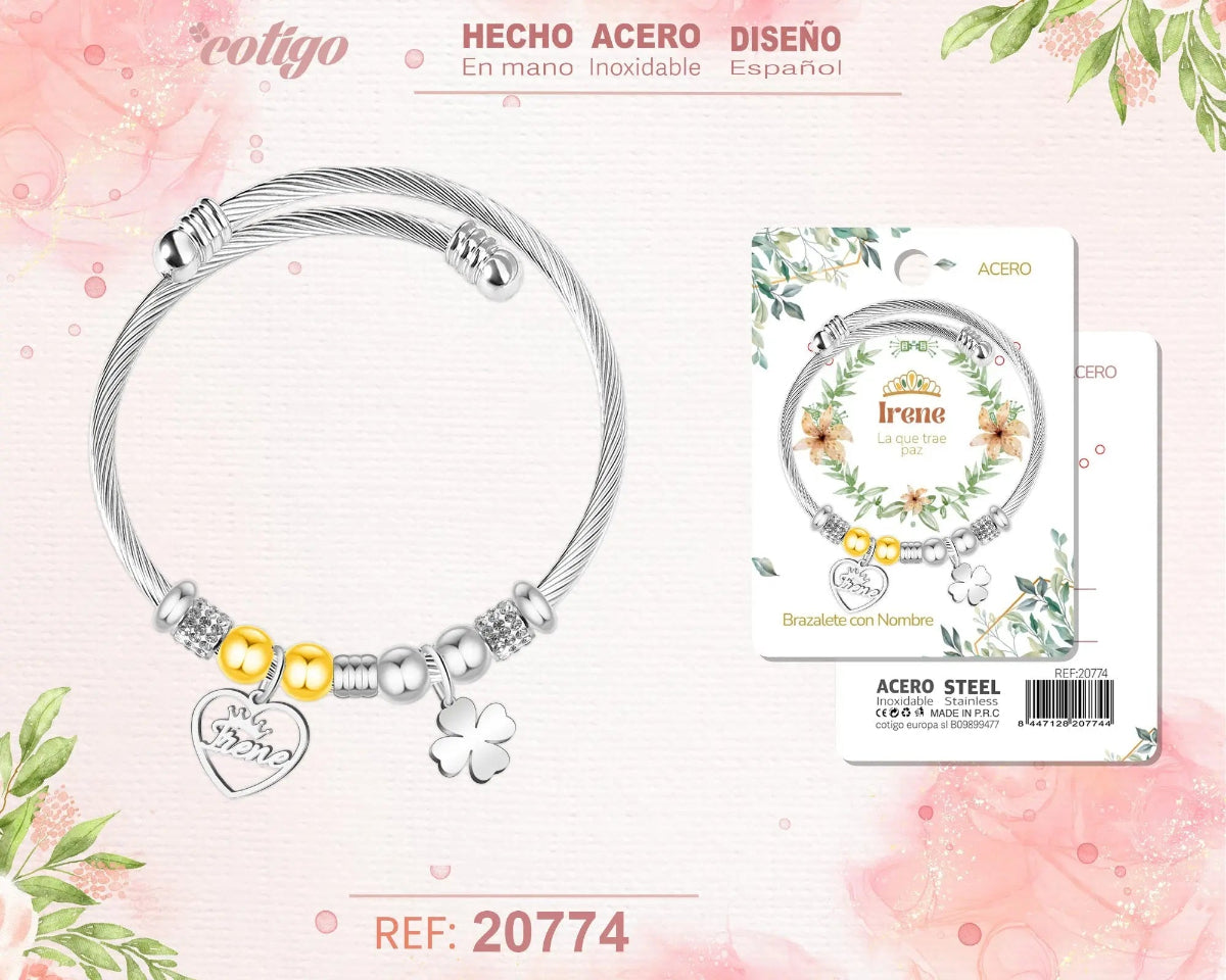 Brazalete rígido de acero inoxidable estilo cable trenzado con el nombre Irene, colgante de corazón, trébol de la suerte y detalles brillantes.