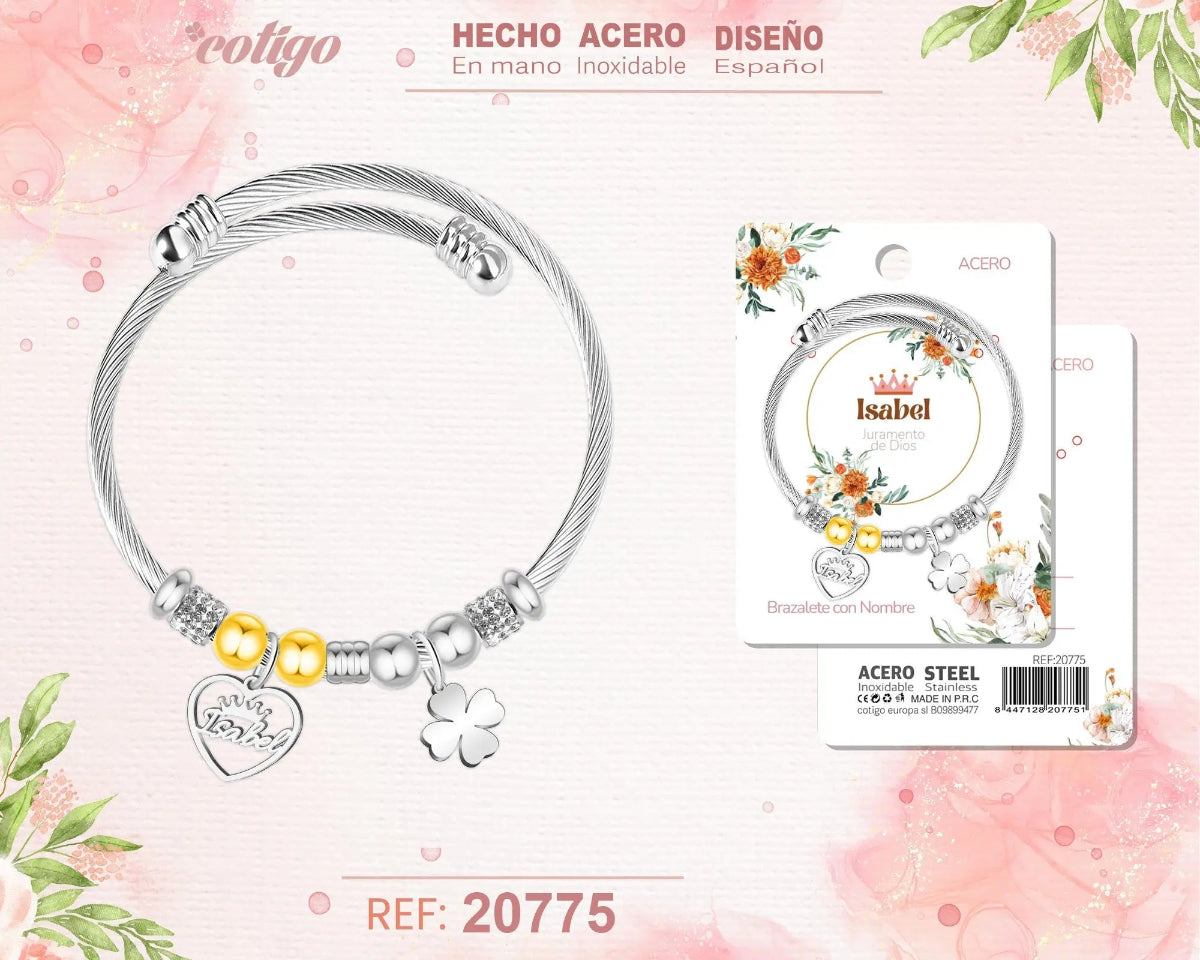 Brazalete rígido de acero inoxidable estilo cable trenzado con el nombre Isabel, colgante de corazón, trébol de la suerte y detalles brillantes.
