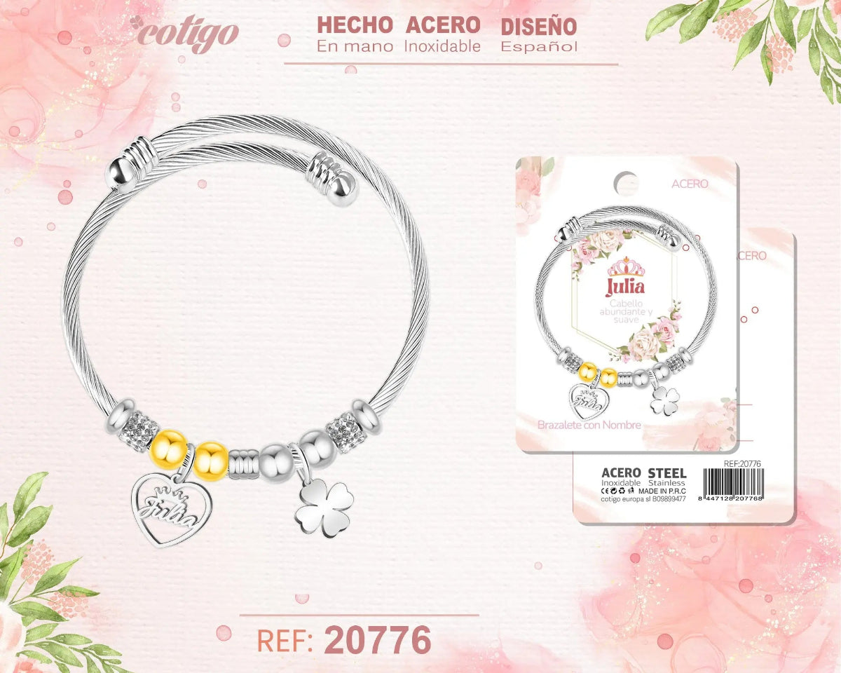 Brazalete rígido de acero inoxidable estilo cable trenzado con el nombre Julia, colgante de corazón, trébol de la suerte y detalles brillantes.