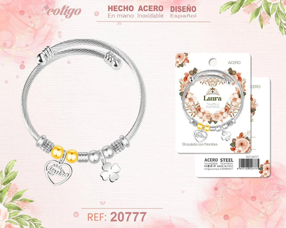 Brazalete rígido de acero inoxidable estilo cable trenzado con el nombre Laura, colgante de corazón, trébol de la suerte y detalles brillantes.