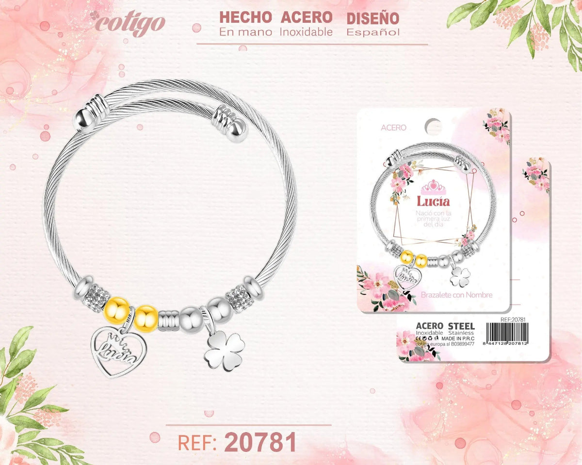 Brazalete rígido de acero inoxidable estilo cable trenzado con el nombre Lucía, colgante de corazón, trébol de la suerte y detalles brillantes.