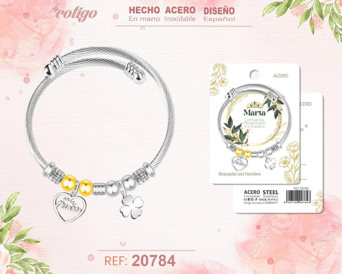 Brazalete rígido de acero inoxidable estilo cable trenzado con el nombre Marta, colgante de corazón, trébol de la suerte y detalles brillantes.