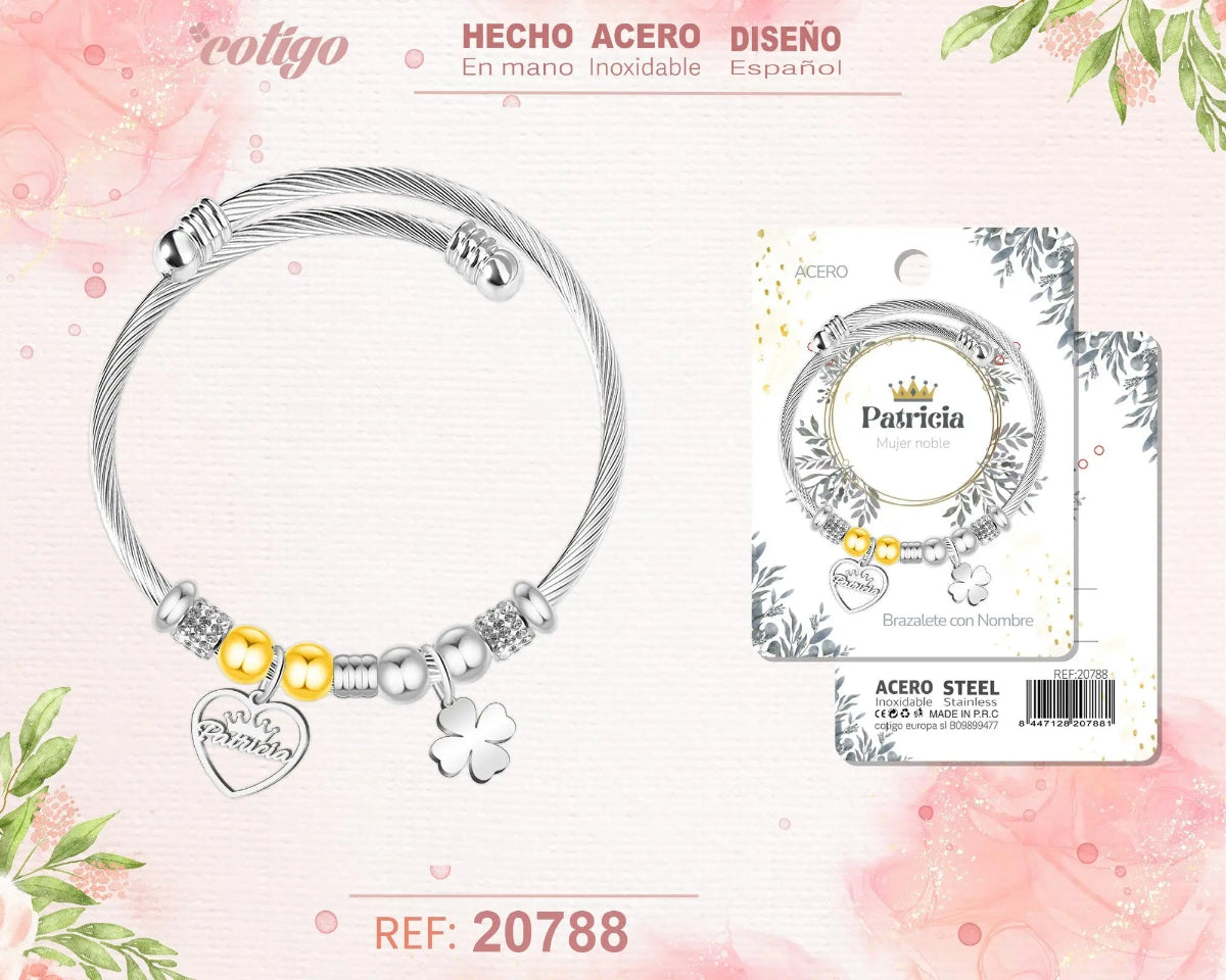 Brazalete rígido de acero inoxidable con nombre Patricia, colgante de corazón, trébol de la suerte y detalles en dorado y brillantes.