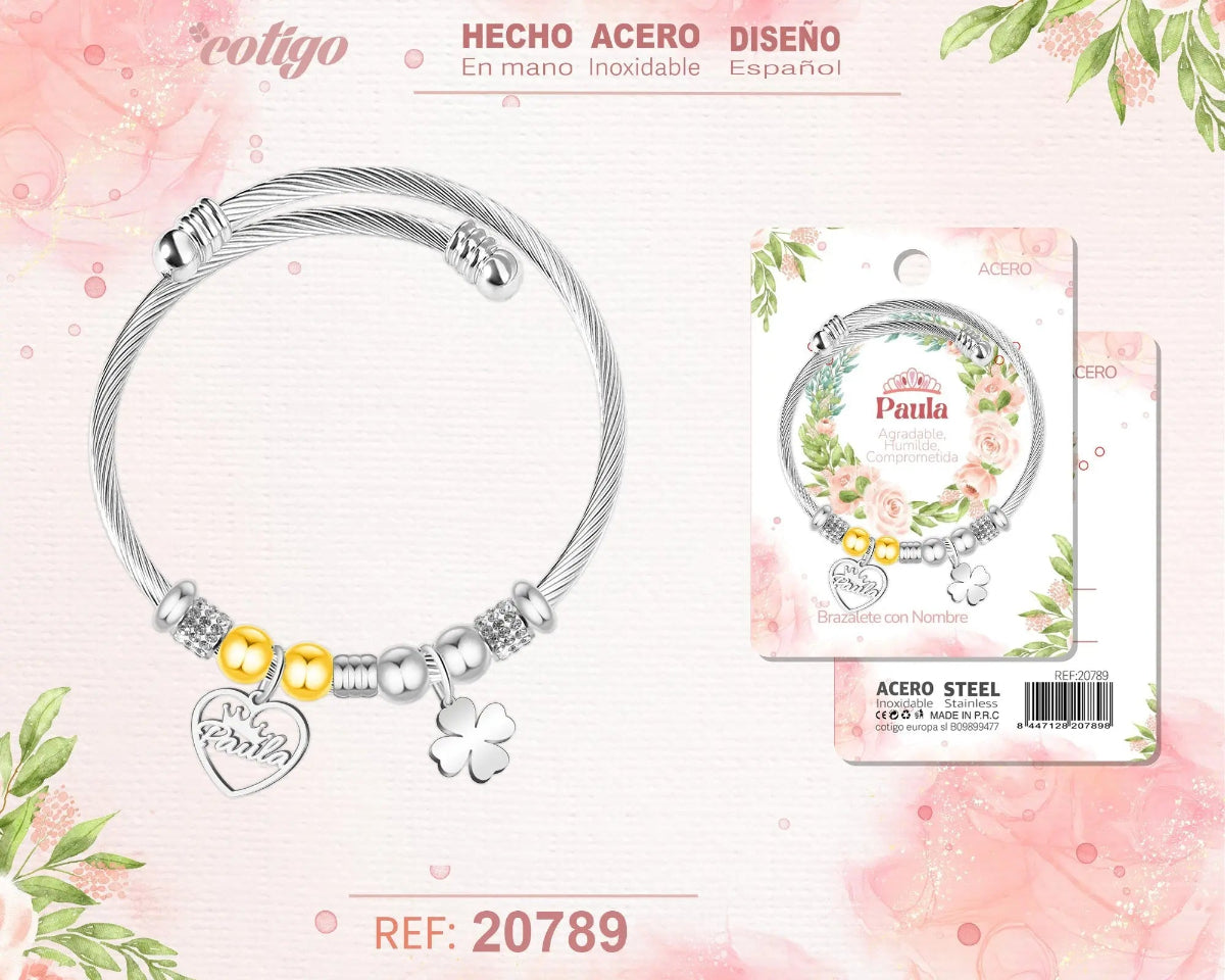 Pulsera rígida de acero inoxidable con el nombre Paula, colgante de corazón, trébol de la suerte y abalorios con brillos.