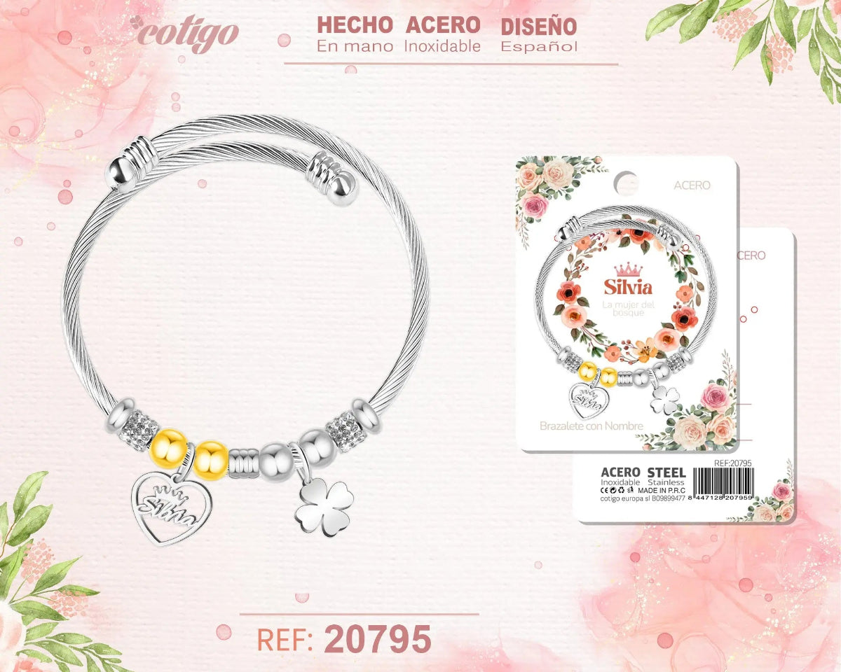 Pulsera de acero inoxidable estilo cable trenzado con el nombre Silvia, colgante de corazón y trébol de la suerte.