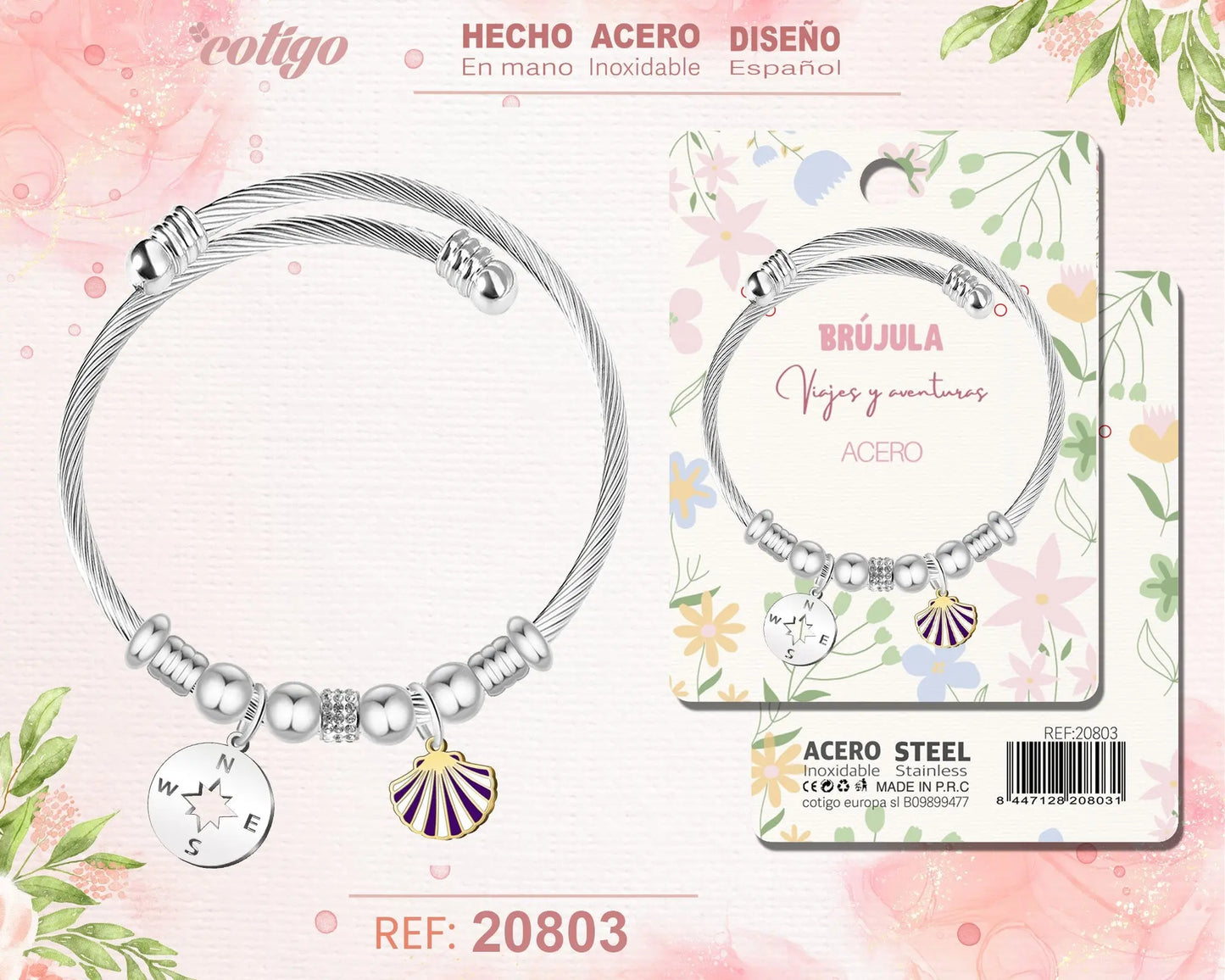 Brazalete Acero con: Brujula - cotigo