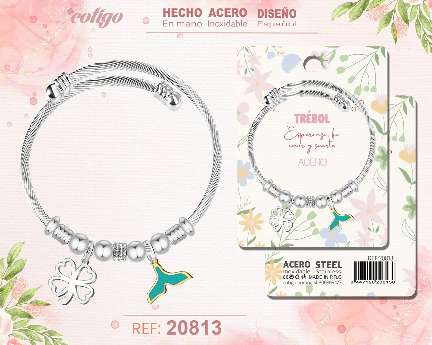 Brazalete Acero con: Trebol de suerte - cotigo