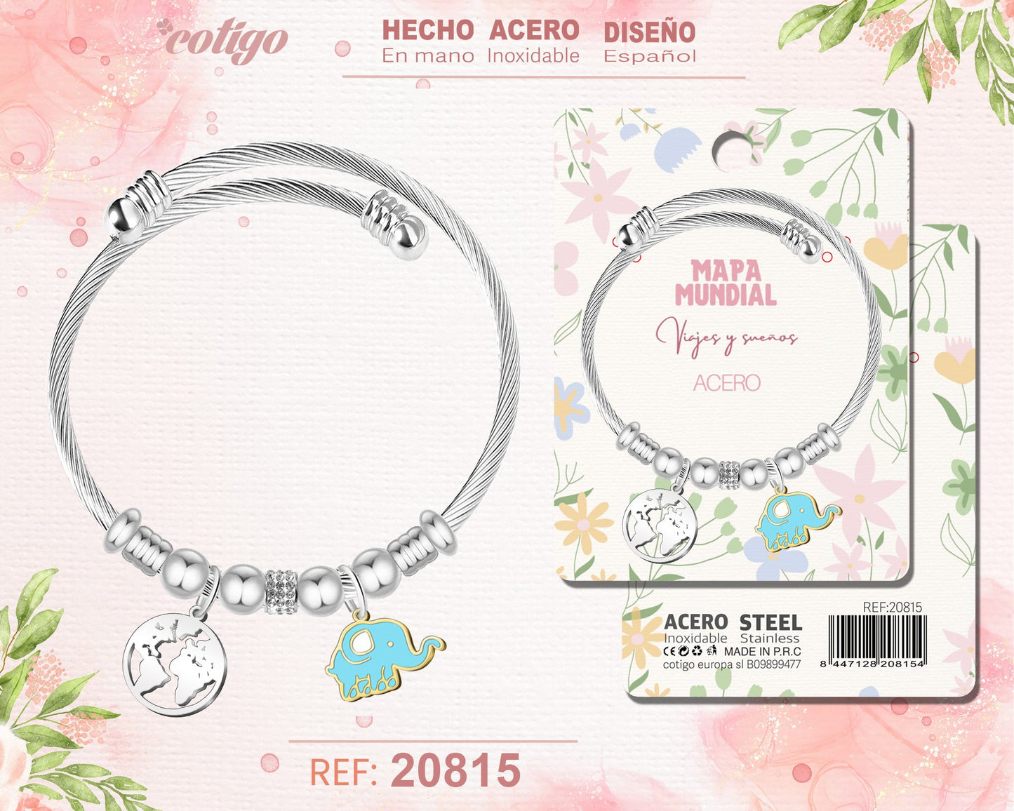 Brazalete Acero con: Mapa Mundial