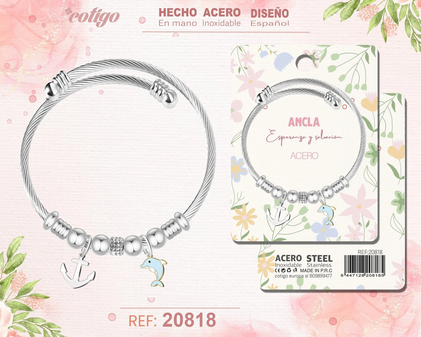 Brazalete Acero con: Ancla - cotigo