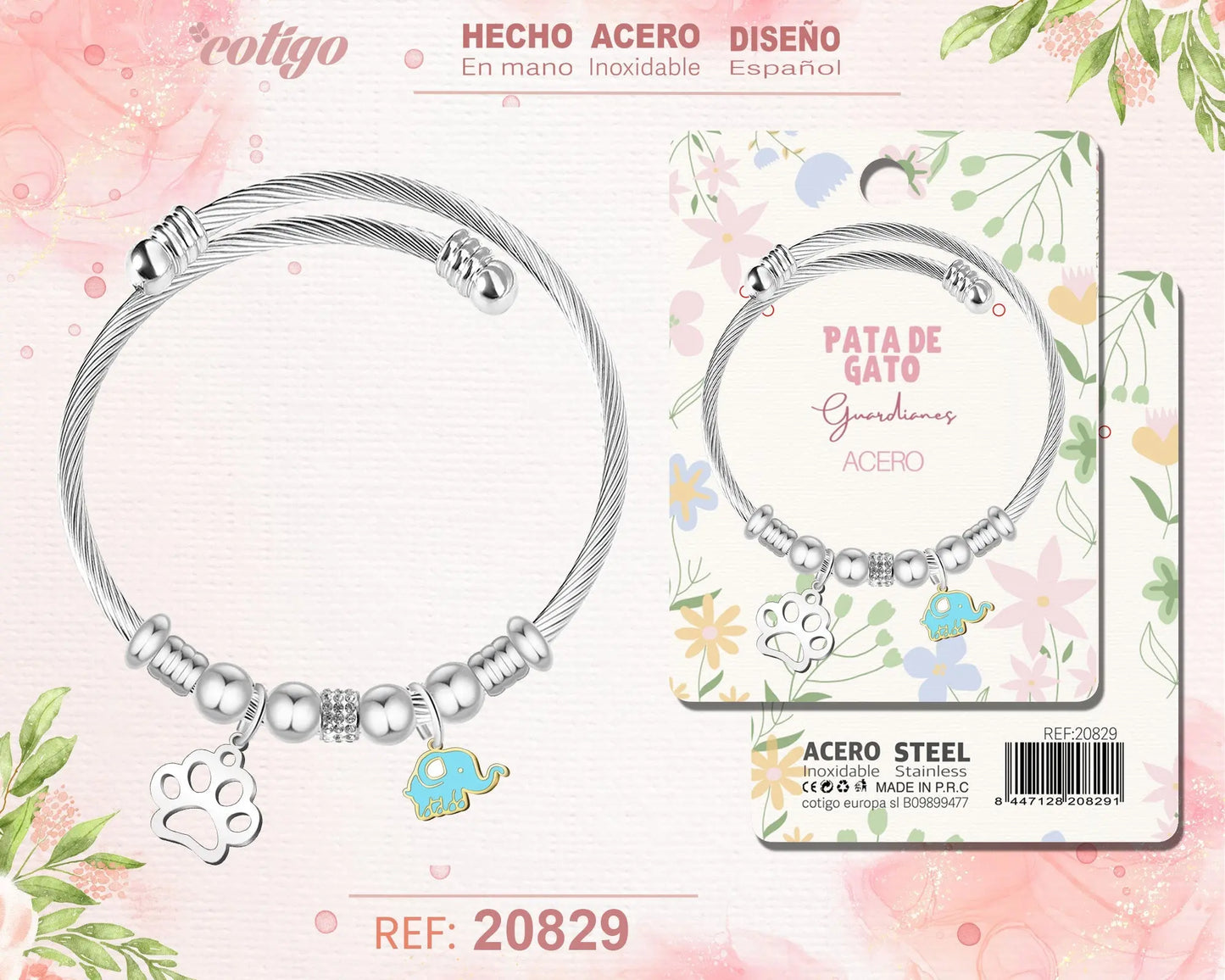 Brazalete Acero con: Huella de Gato - cotigo
