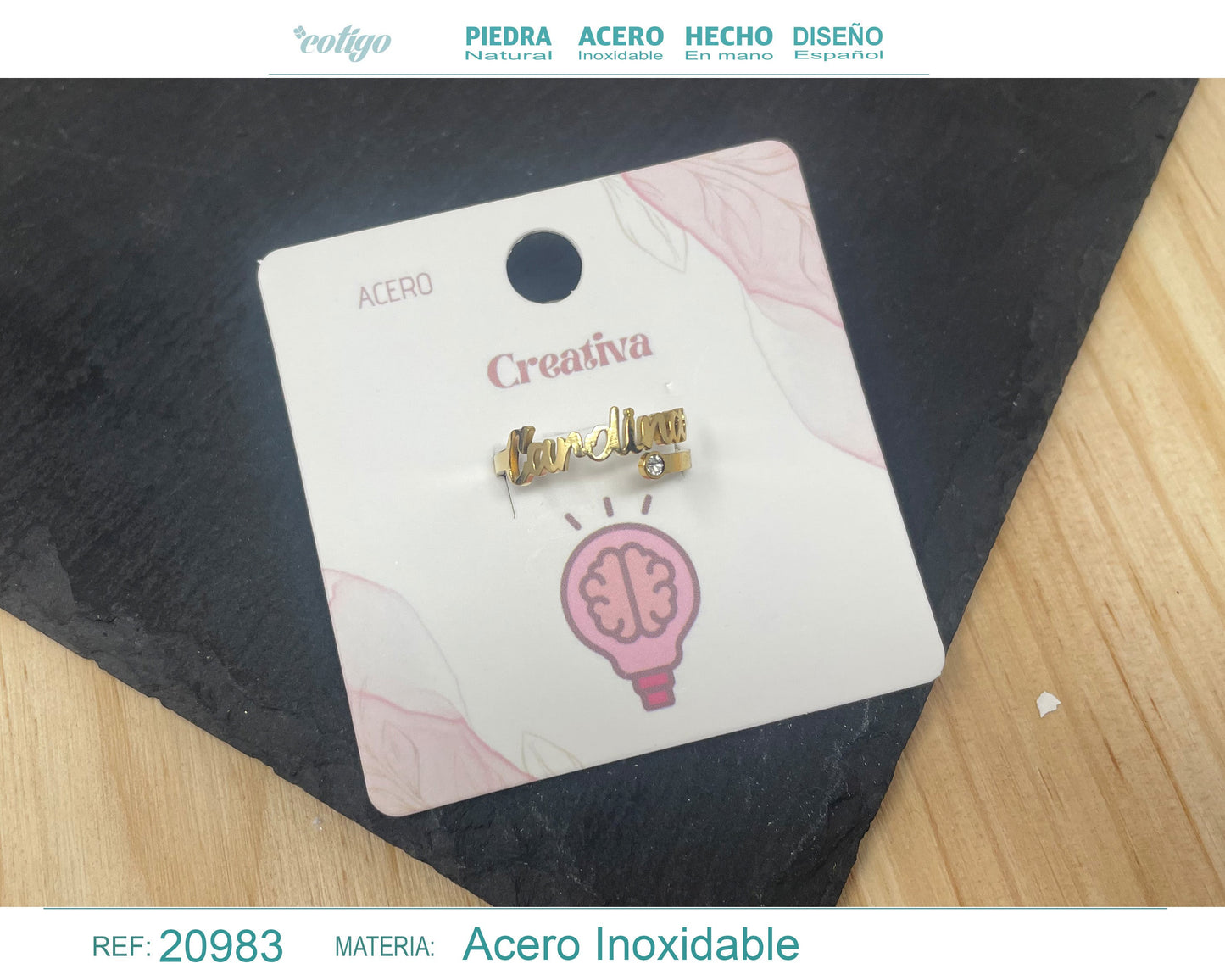 Anillo con palabra "Creativa" Acero color Dorado