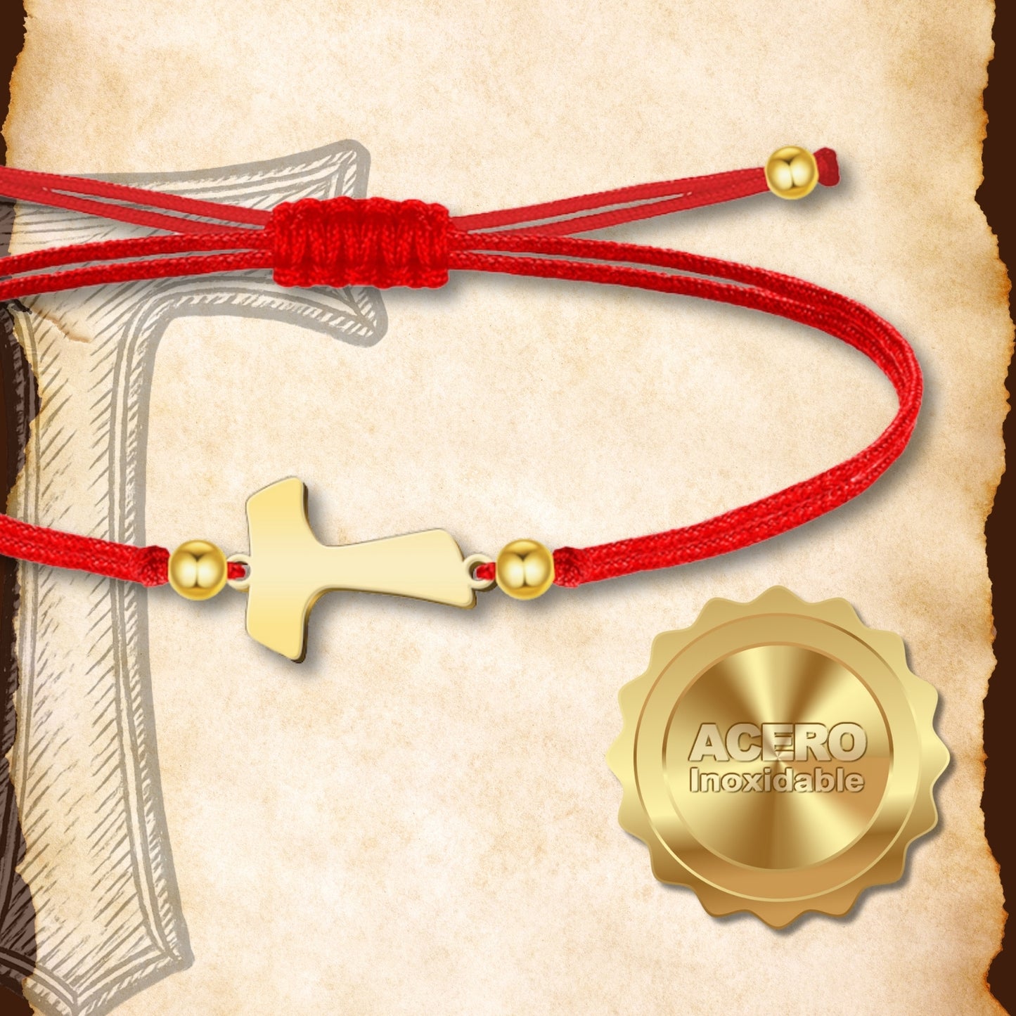 Pulsera Cruz tau Dorado de Hilo En.Rojo