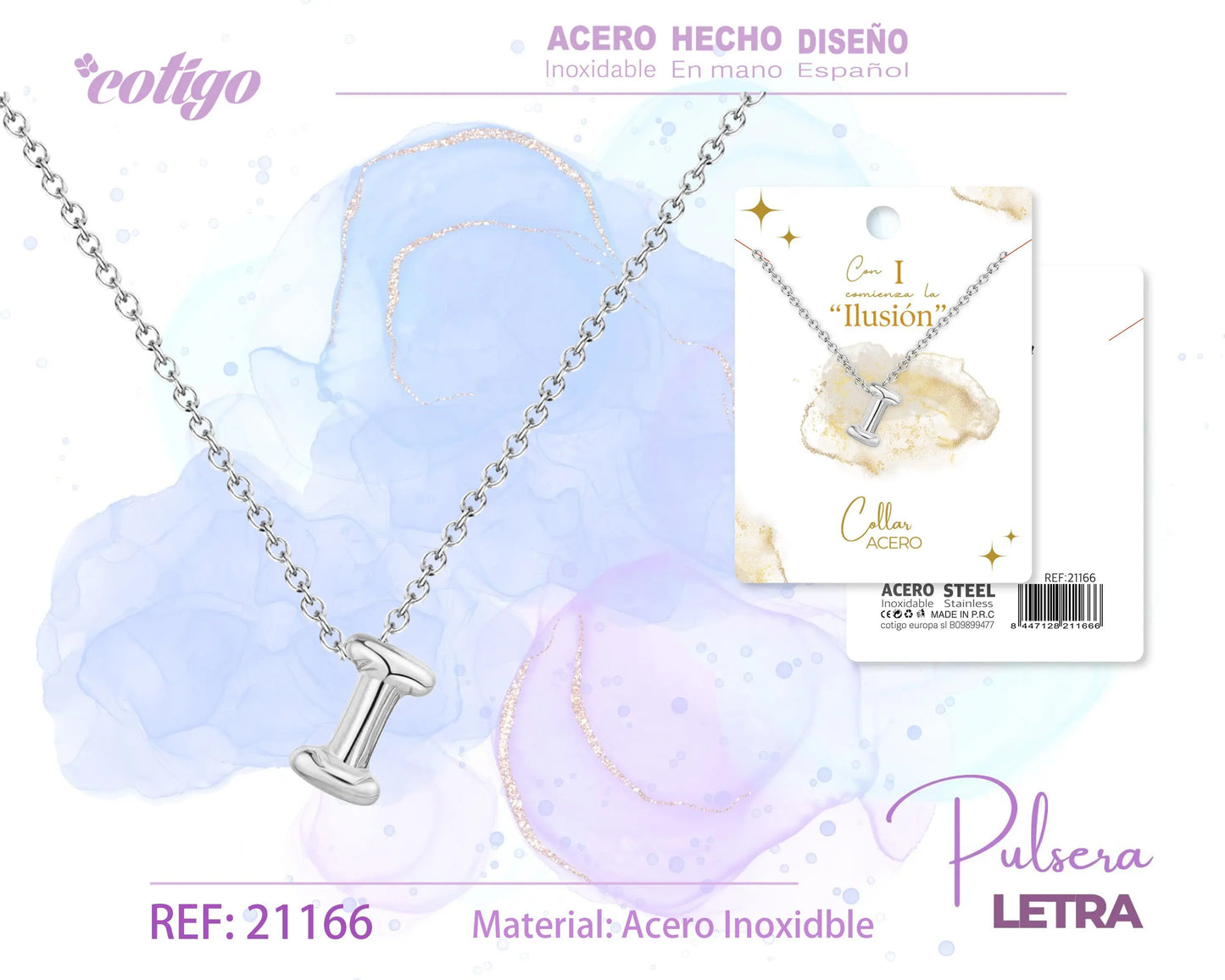 Collar Letra I Acero Plateado - cotigo