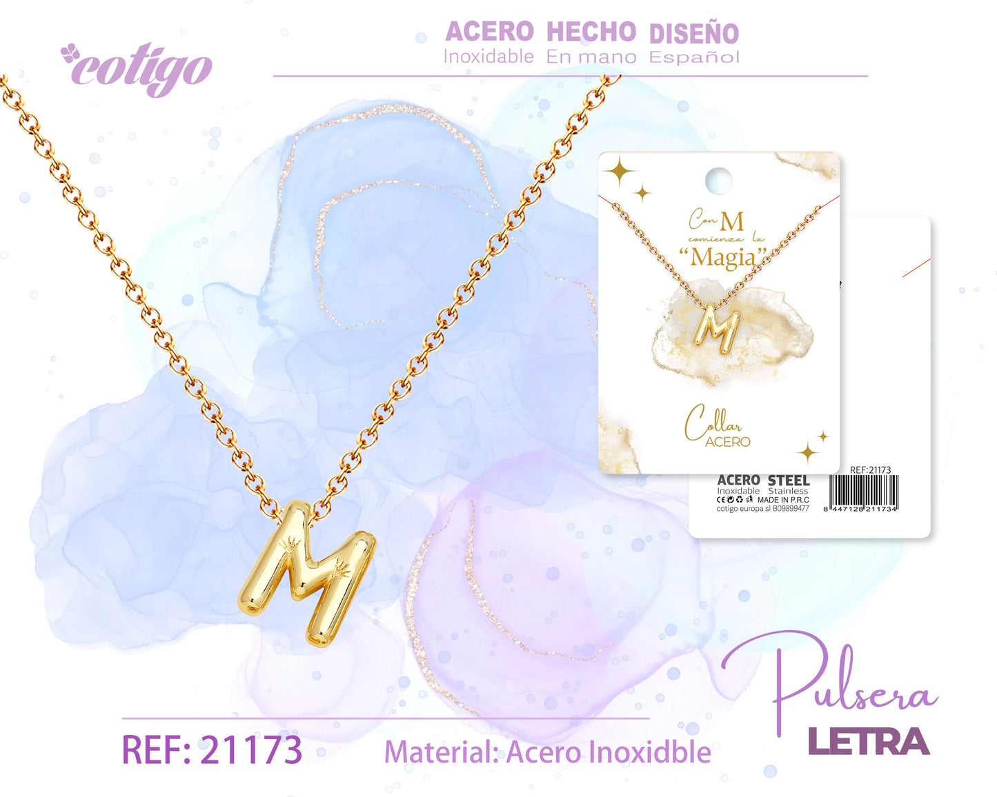 Collar Letra M Acero Dorado