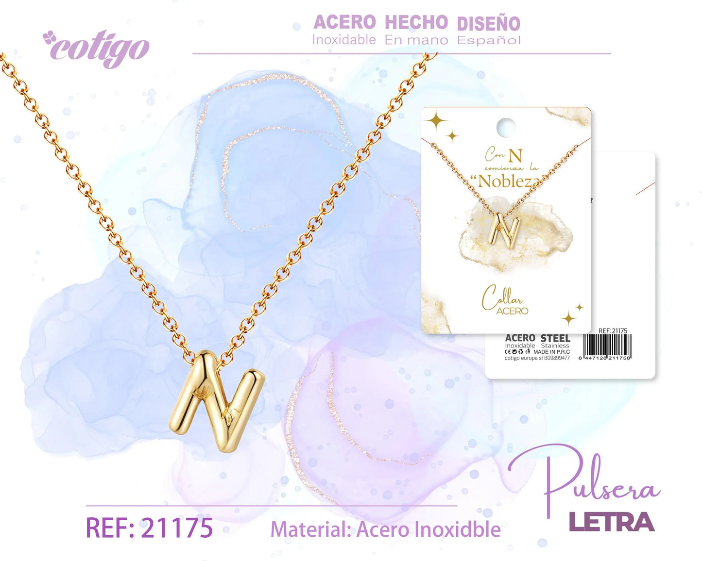 Collar Letra N Acero Dorado - cotigo